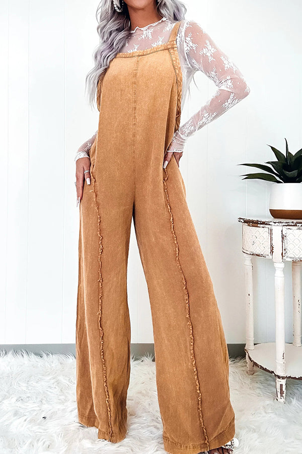 Vintage Washed Denim Jumpsuit for Women - Raw Edge Elastic Waist Wide Leg Romper | Casual Outfit, Boho Chic Style, Streetwear Fashion for Everyday Wear