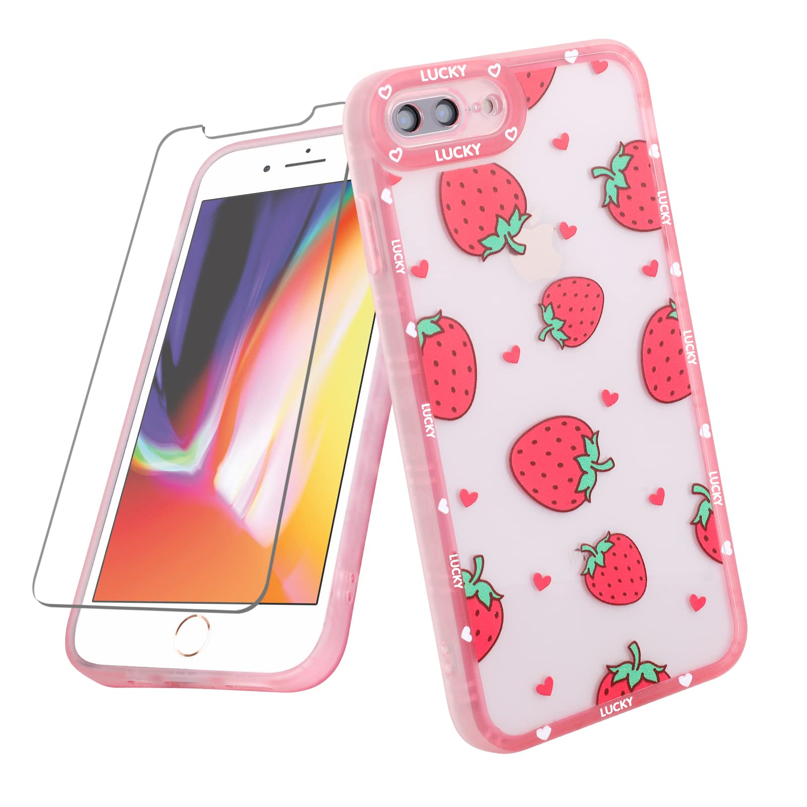 MZELQ iPhone 7 Plus/8 Plus Case - Cute Pink Strawberry Pattern Soft TPU Protective Phone Cover for Women & Girls [Includes 1 Screen Protector] - Perfect for Everyday Use, School & Work