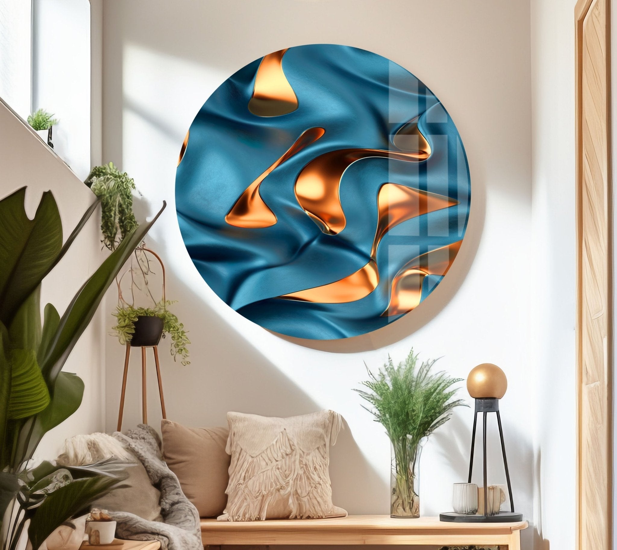 Abstract Bronze Blue Glass Wall Art - Modern Home Decor for Living Room, Bedroom & Office - Elegant Handmade Glass Panel for Stylish Interior Design