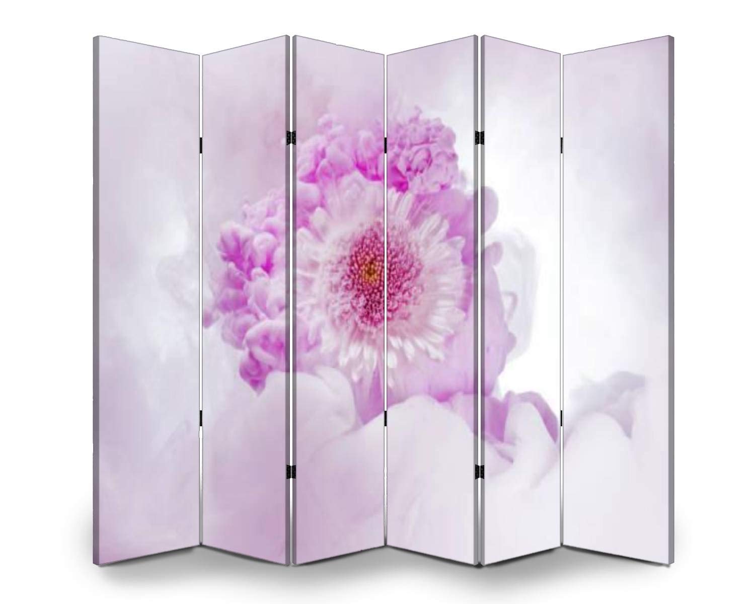 6-Panel Wooden Folding Screen Room Divider - Pink Chrysanthemum Floral Design with Colorful Cloud Swirls | Dual-Sided Canvas Privacy Partition for Bedroom, Living Room & Office Decor | Indoor Display Shelves & Wall Divider
