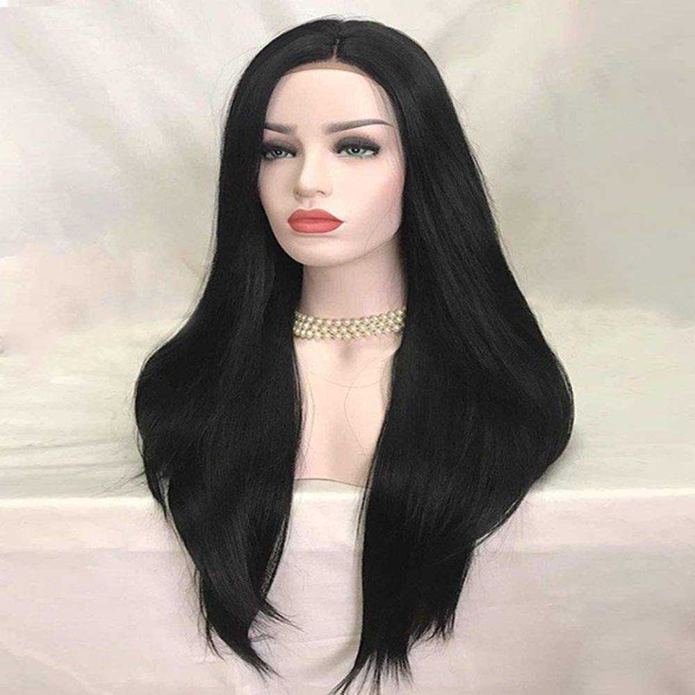 Hand-Woven European & American Fashion Lace Front Wig - Black Straight Human Hair with Long Length & Side Bangs for Women | Perfect for Cosplay, Daily Wear, and Special Occasions