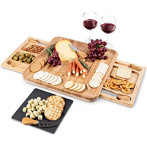 Premium Bamboo Cheese Board Set with Slide-Out Drawers, Cutlery & Marble Slate - Elegant Charcuterie Serving Platter for Wine Parties, Cheese Tasting & Entertaining Guests