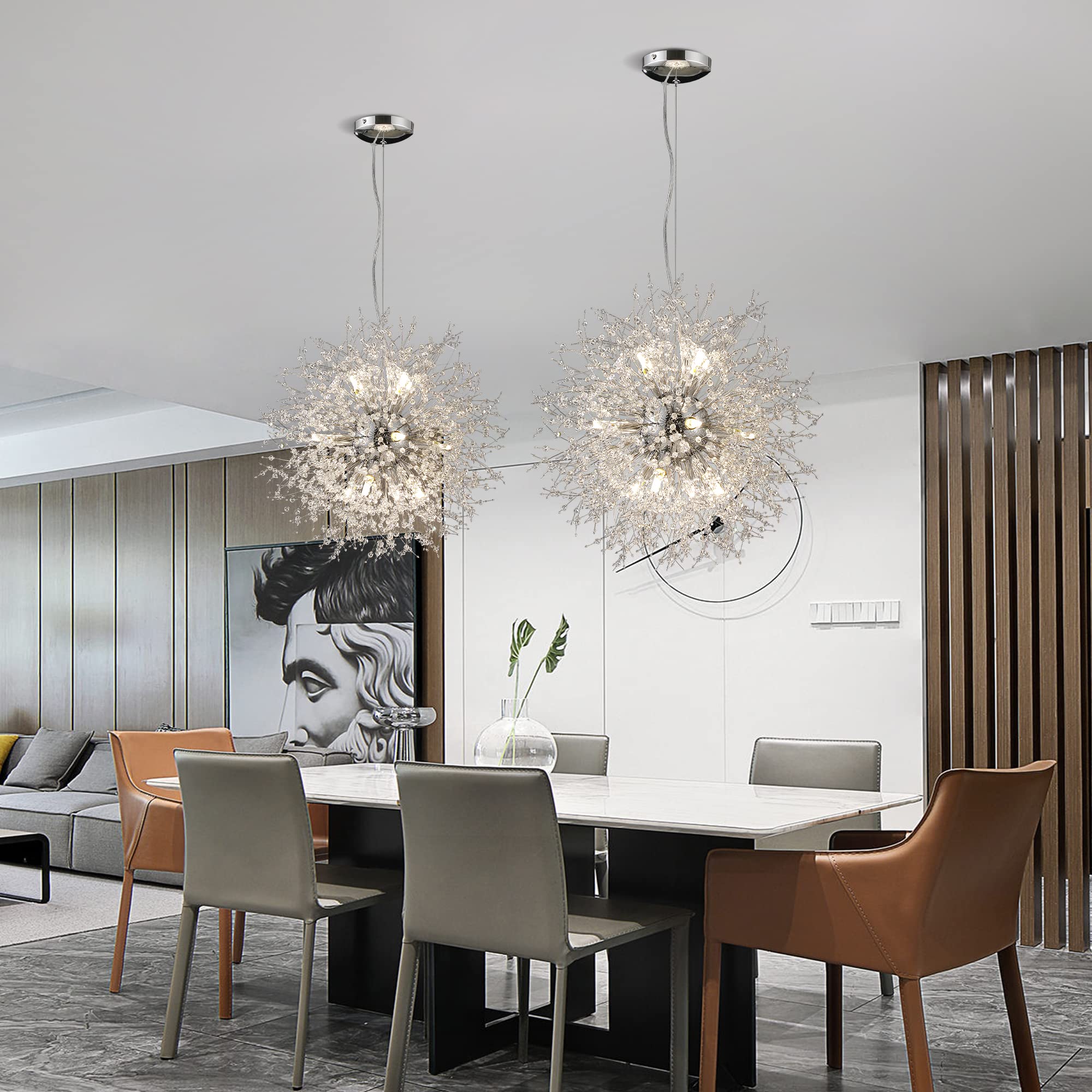 Modern Sputnik Crystal Chandelier - 12-Light Chrome Dandelion Pendant Lighting Fixture for Kitchen Island, Farmhouse Dining Room & Bedroom (21.65
