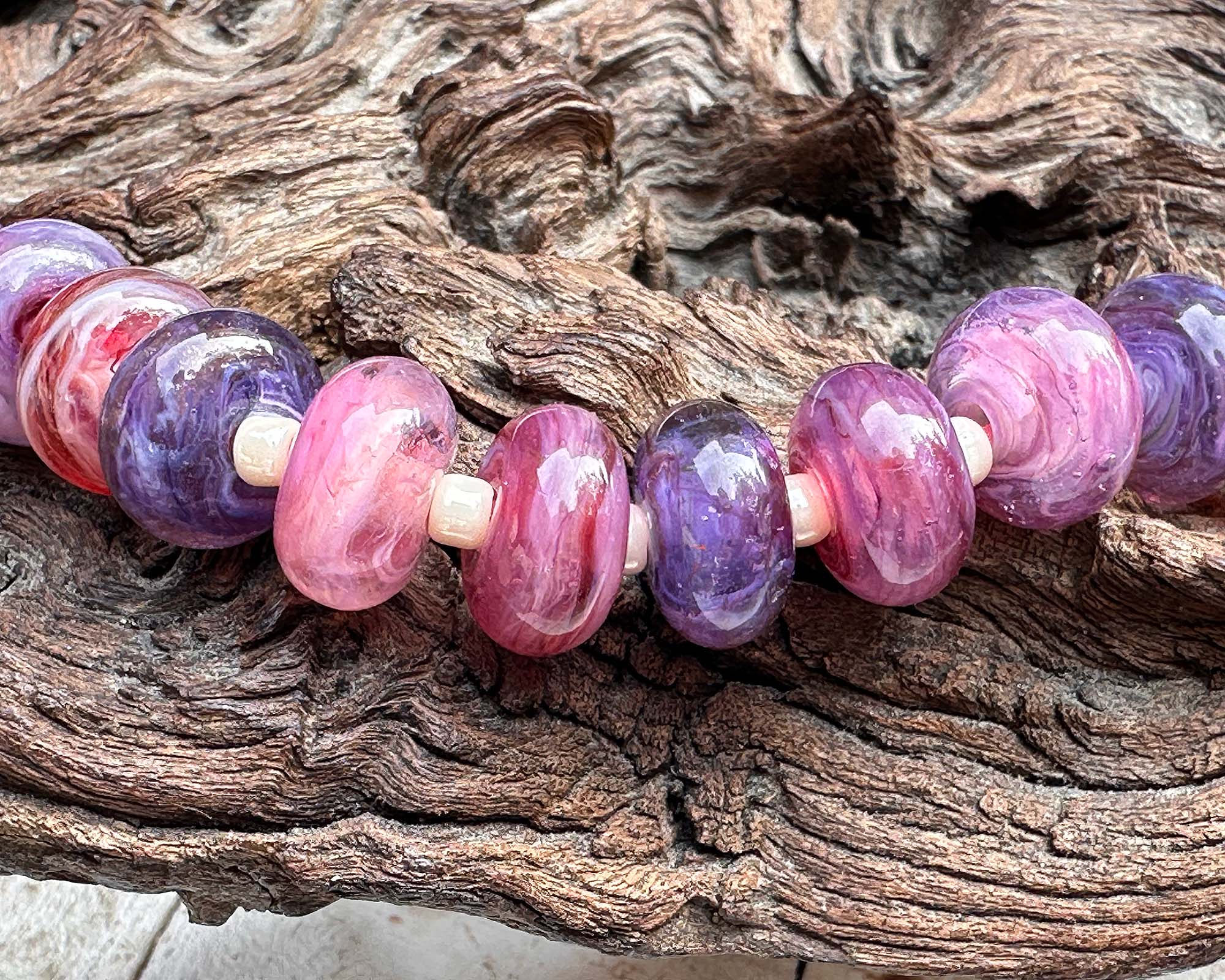 21 Pink & Purple Swirls Lampwork Glass Beads Set for Jewelry Making - DIY Bracelet, Necklace & Craft Projects - SRA Certified