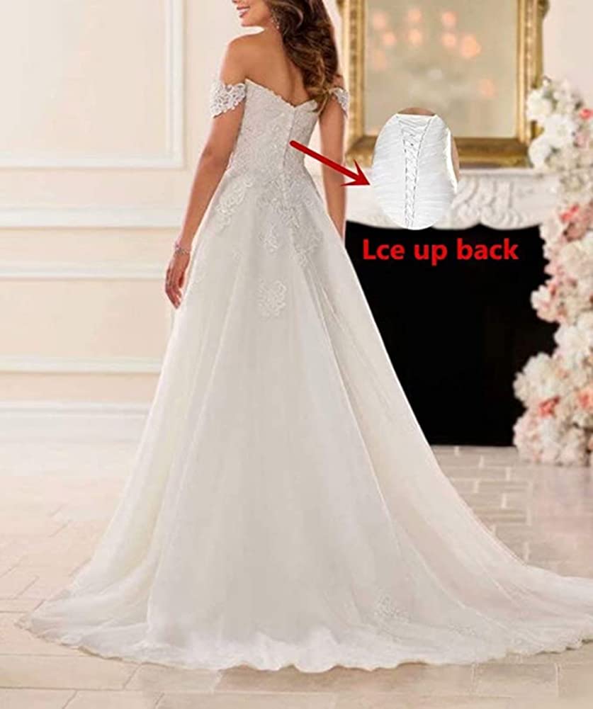 Snow Lotus Women's Off Shoulder Wedding Dress - Elegant Lace Applique A-Line Bridal Gown for Bride, Beach Wedding, Church Ceremony & Romantic Photoshoot