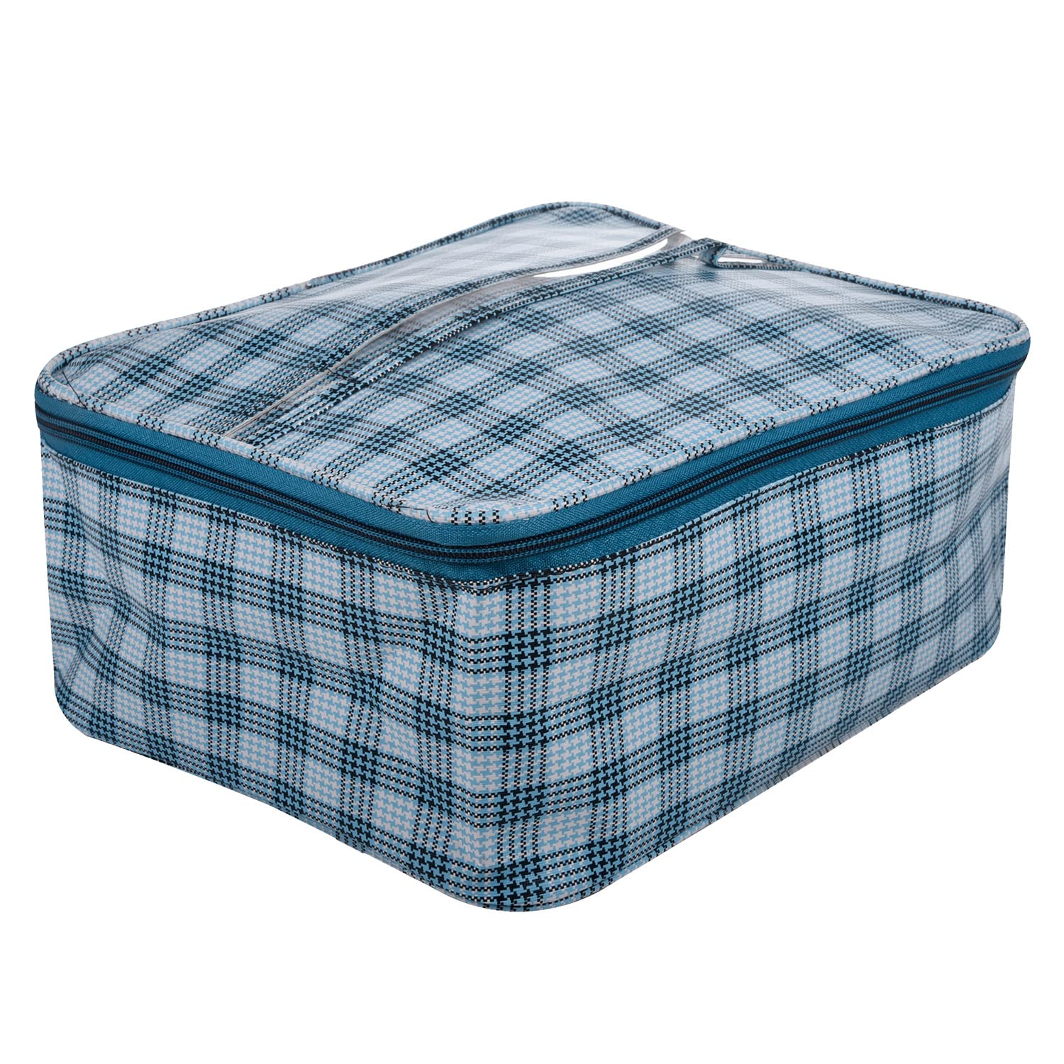 Kuber Industries Rexine Makeup Travel Organizer - Waterproof Toiletry Bag with Handle for Men & Women | Check Print Vanity Cosmetic Pouch | Perfect for Travel, Gym & Daily Essentials (Turquoise)