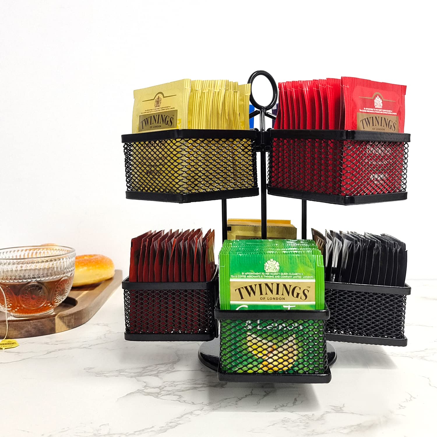 Rotating Tea Bag Organizer & Coffee Pod Holder - Adjustable Spinning Carousel Storage Basket for Kitchen Countertop, Cabinet, Pantry | Perfect for Organizing Tea Bags, K-Cups, and Coffee Pods in Small Spaces