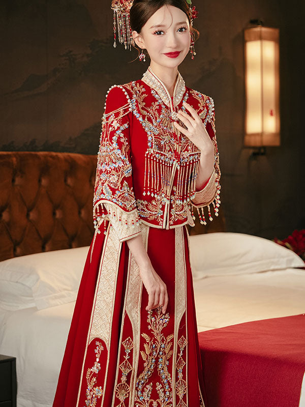 Exquisite Beaded Tassel Sequined Embroidered Velvet Wedding Dress - Traditional Chinese Qun Kwa Xiuhe Bridal Gown for Ceremonies & Photo Shoots