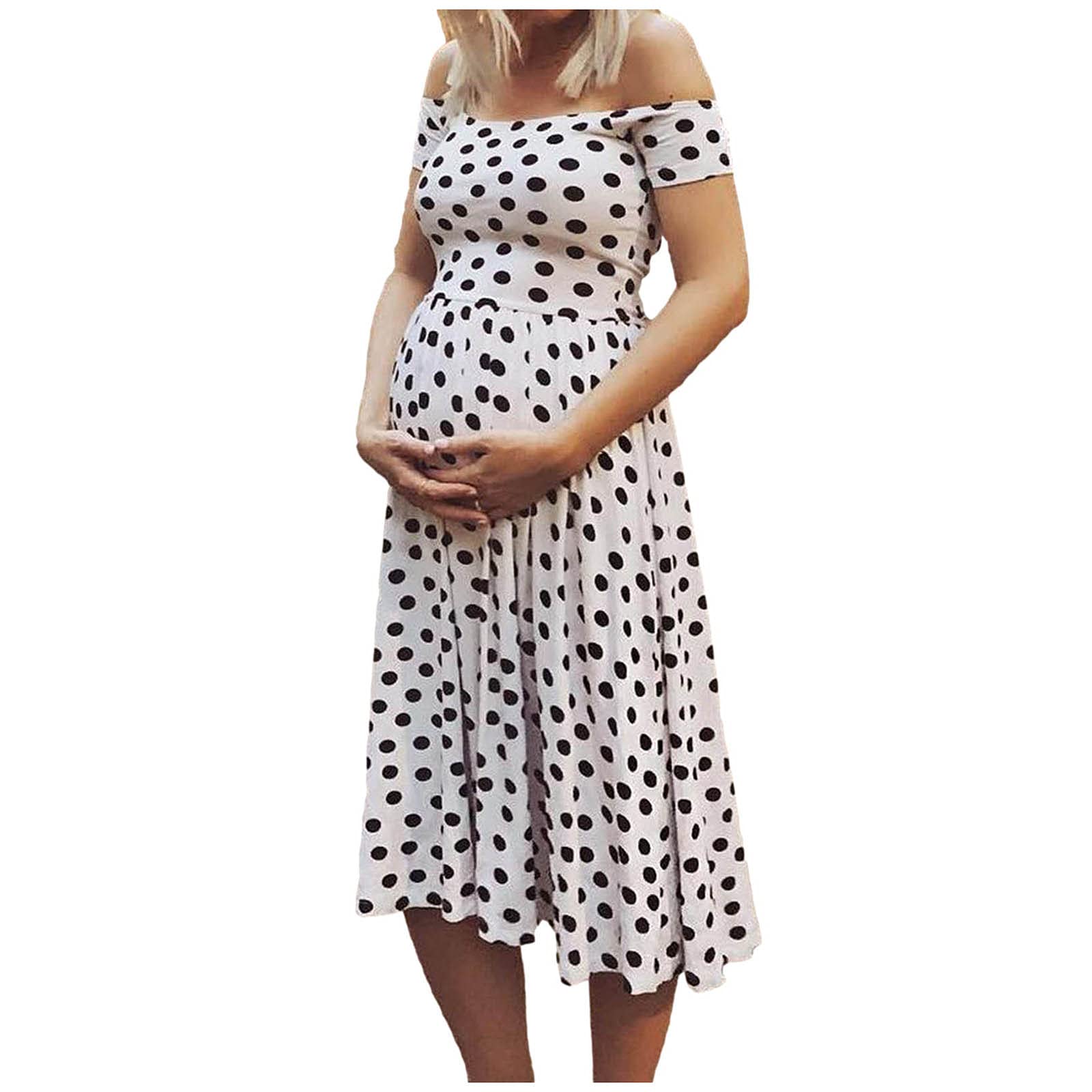Maternity Dress for Women - Off Shoulder Dot Print Midi Nursing Dress with Tube Top | Comfortable Pregnancy Clothes for Casual Wear, Baby Shower & Nursing