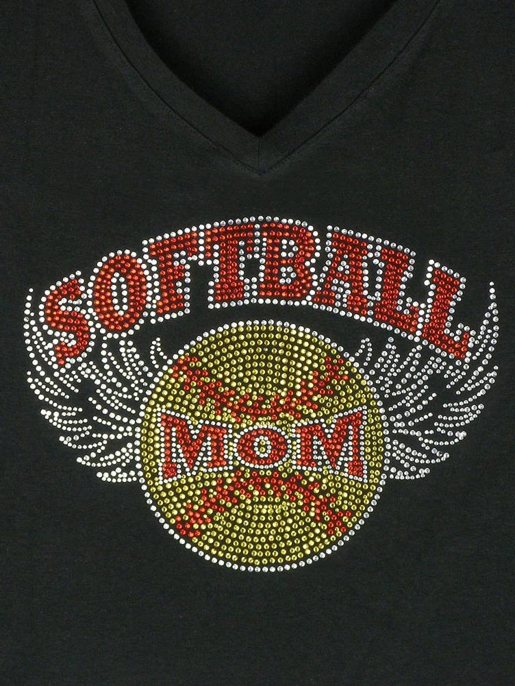 DivaDesigns Women's Softball Mom Rhinestone T-Shirt with Wings - Comfortable & Stylish Baseball Mom Shirt for Games, Practice & Team Spirit
