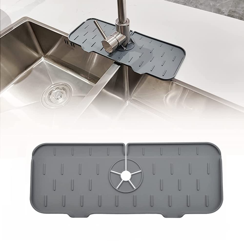 Non-Slip Silicone Faucet Splash Guard Pad - Universal Fit for Kitchen Sink, Bathroom Counter & RV - Water Absorbent Drying Mat with Automatic Drain - Grey (1PC) - Perfect for Preventing Water Spills & Protecting Countertops