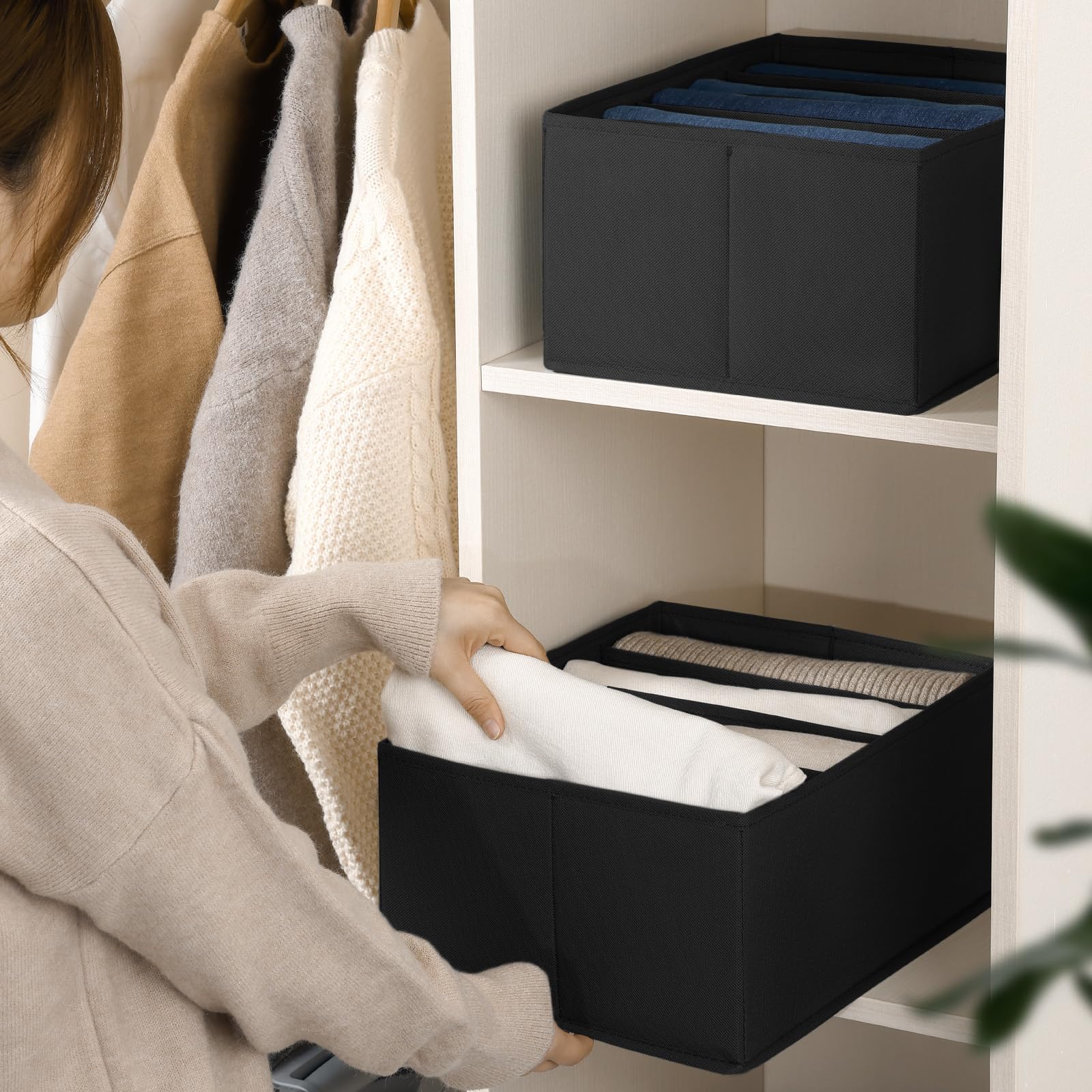 DIMJ Foldable Clothes Organizer for Closet - 5 Grid Storage Box for Jeans, Sweaters, T-Shirts & Folded Clothes | Space-Saving Wardrobe Organizer (Black) - Perfect for Bedroom, Dorm, or Small Space Organization