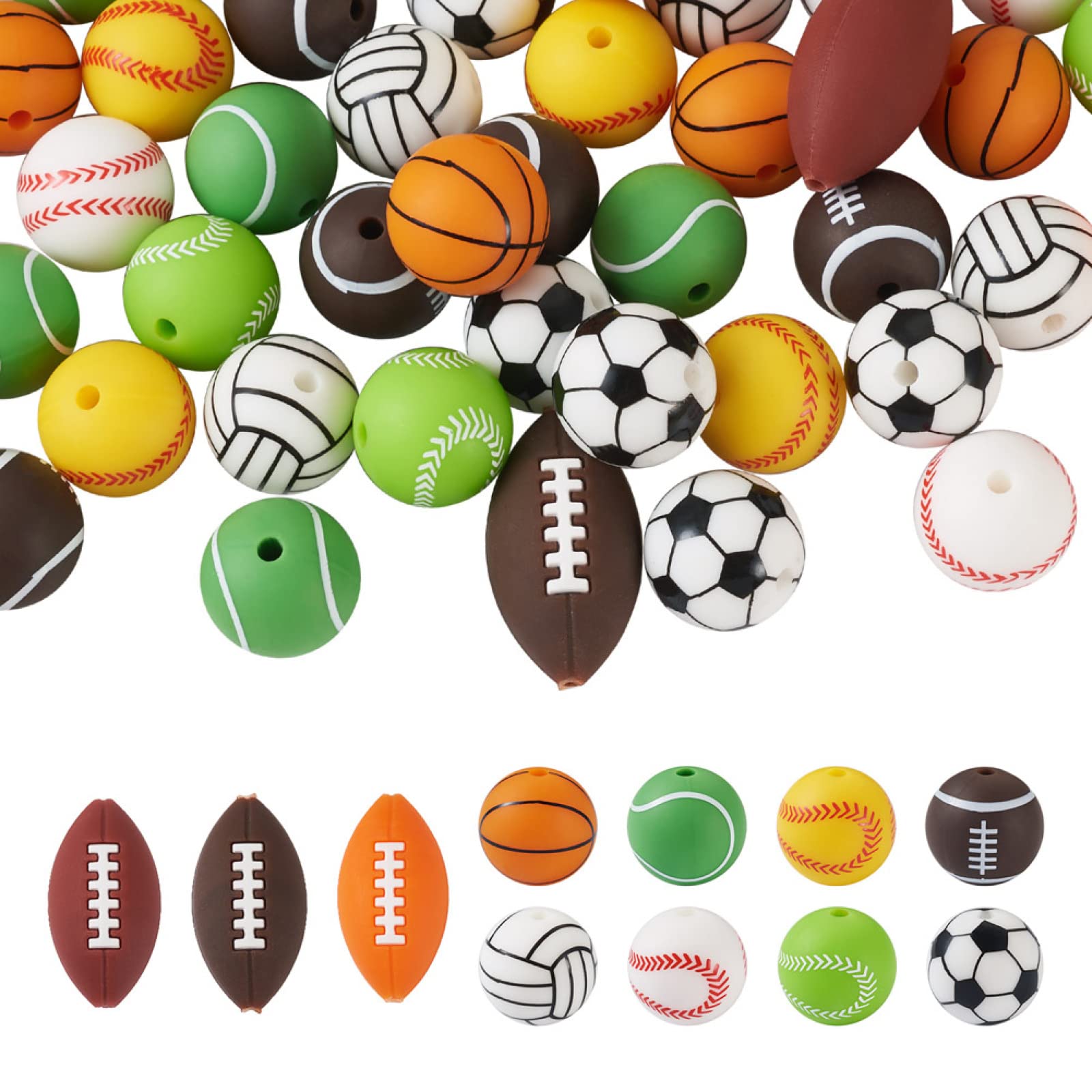 54Pcs Sports Silicone Beads Bulk for Soccer Basketball Volleyball Baseball Rugby - DIY Keychain Bracelet Jewelry Making Supplies - Perfect for Team Sports Fans, Party Favors & Craft Projects