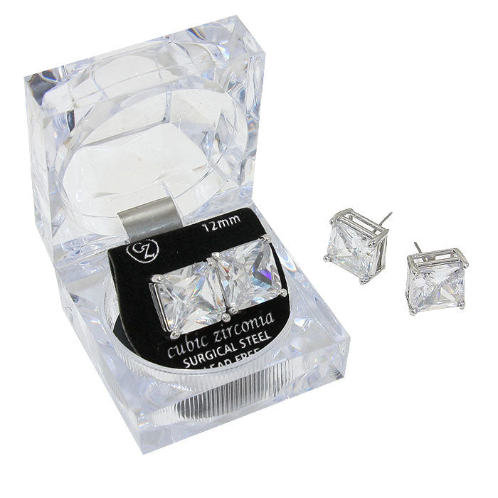 12mm Square Cut Crystal Cubic Zirconia CZ Stud Earrings - Clear Box for Women, Perfect for Weddings, Parties & Special Occasions
