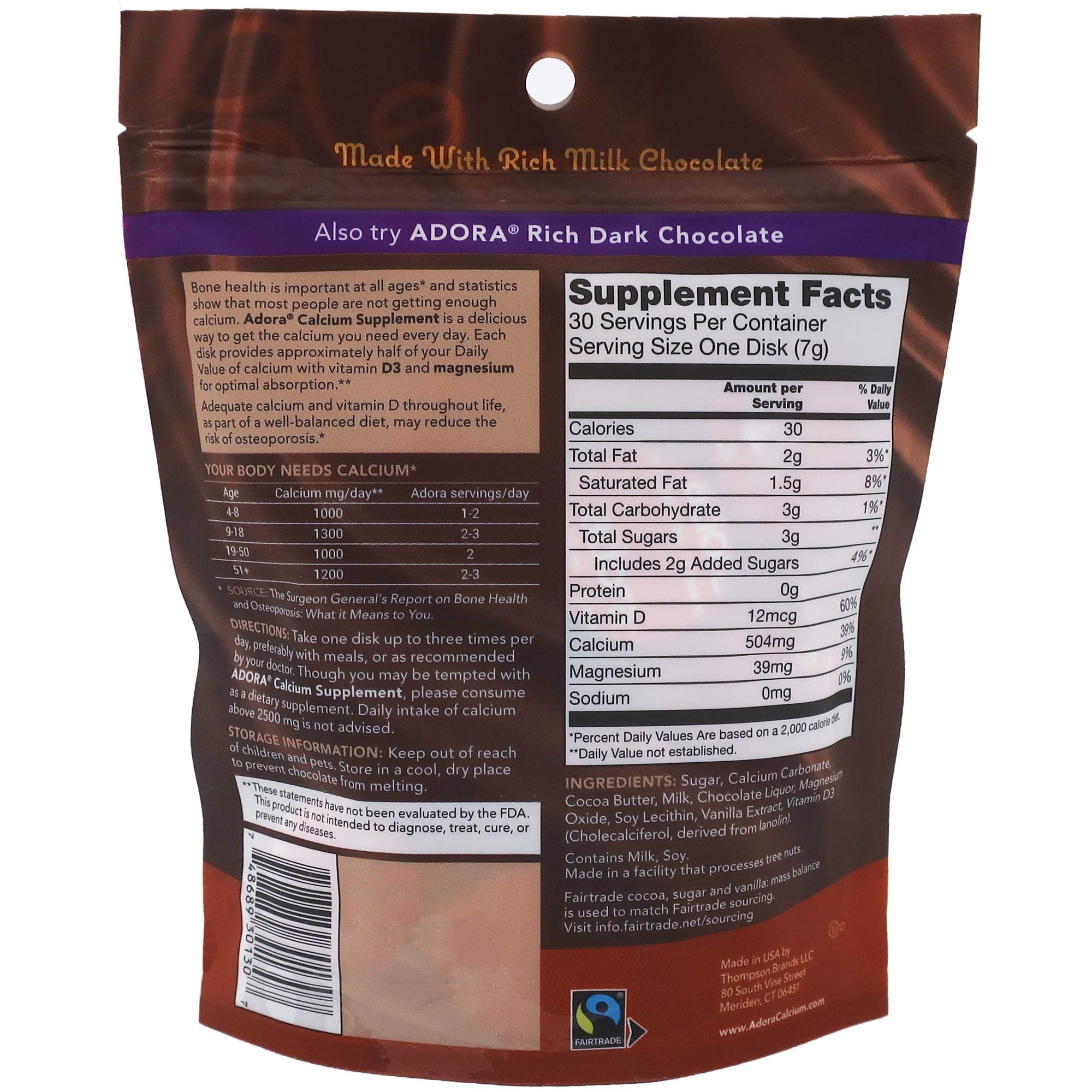 Adora Calcium Supplement - Fairtrade Milk Chocolate Chews (Pack of 12, 30 Count) | Bone Health Support for Women & Men | Perfect for Office Snacks, Travel & Daily Nutrition