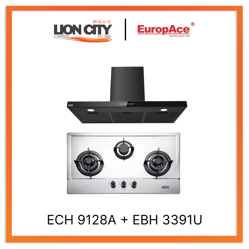 Europace ECH9128A 90cm Premium T Chimney Hood & EBH3391U Otimmo 3-Burner 90cm Slim Built-in Gas Hob Cooker - Stainless Steel | Modern Kitchen Ventilation & Cooking Solution for Home Chefs