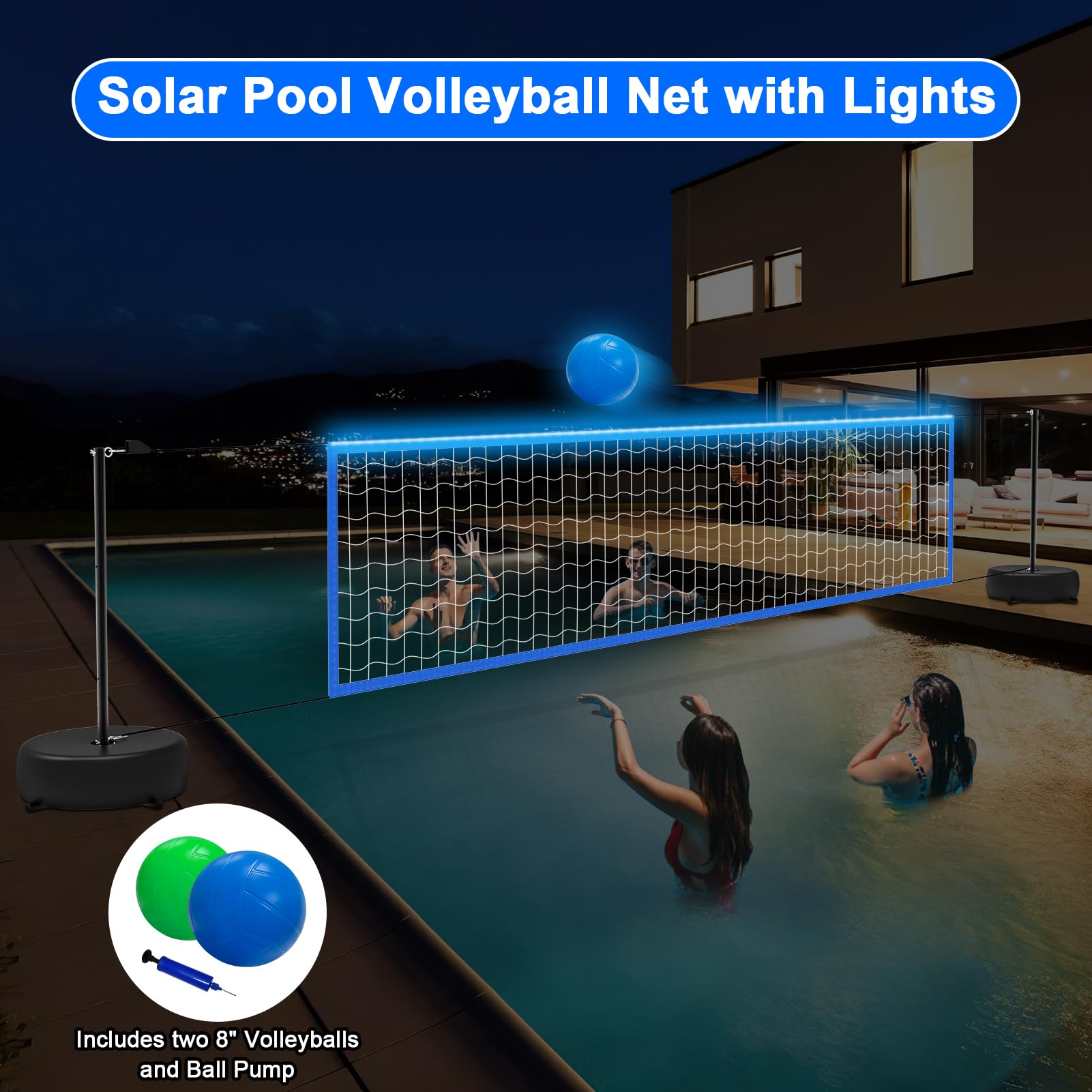 Solar Powered Pool Volleyball Net Set with LED Lights - Portable Outdoor Volleyball Net for Inground Pools, Includes 2 Glowing Balls, Pump & Weighted Bases, Adjustable Length 15ft-32ft - Perfect for Backyard Parties, Beach Games & Summer Pool Fun