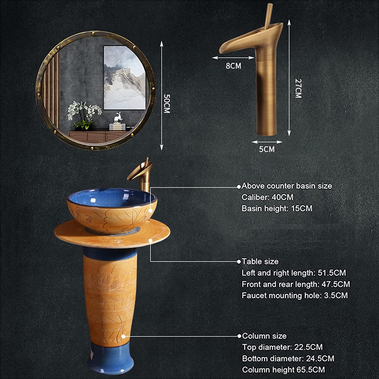 Freestanding Ceramic Pedestal Sink - Modern Rounded Basin Bathroom Sink with Drain Faucet for Hotels, Homes & Restaurants | Indoor & Outdoor Use (Style A, No Mirror Included) | Perfect for Guest Bathrooms, Powder Rooms & Luxury Spaces