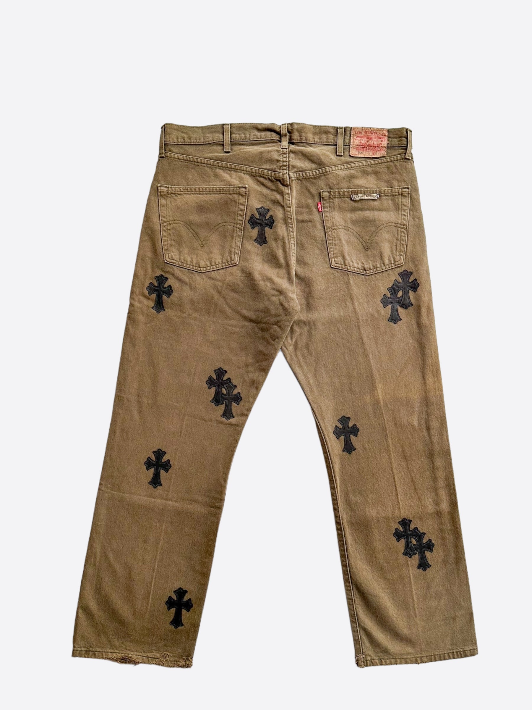 Chrome Hearts x Levi's Khaki Black Cross Patch Denim Jeans for Men - Stylish Vintage Streetwear for Casual Outfits & Night Out