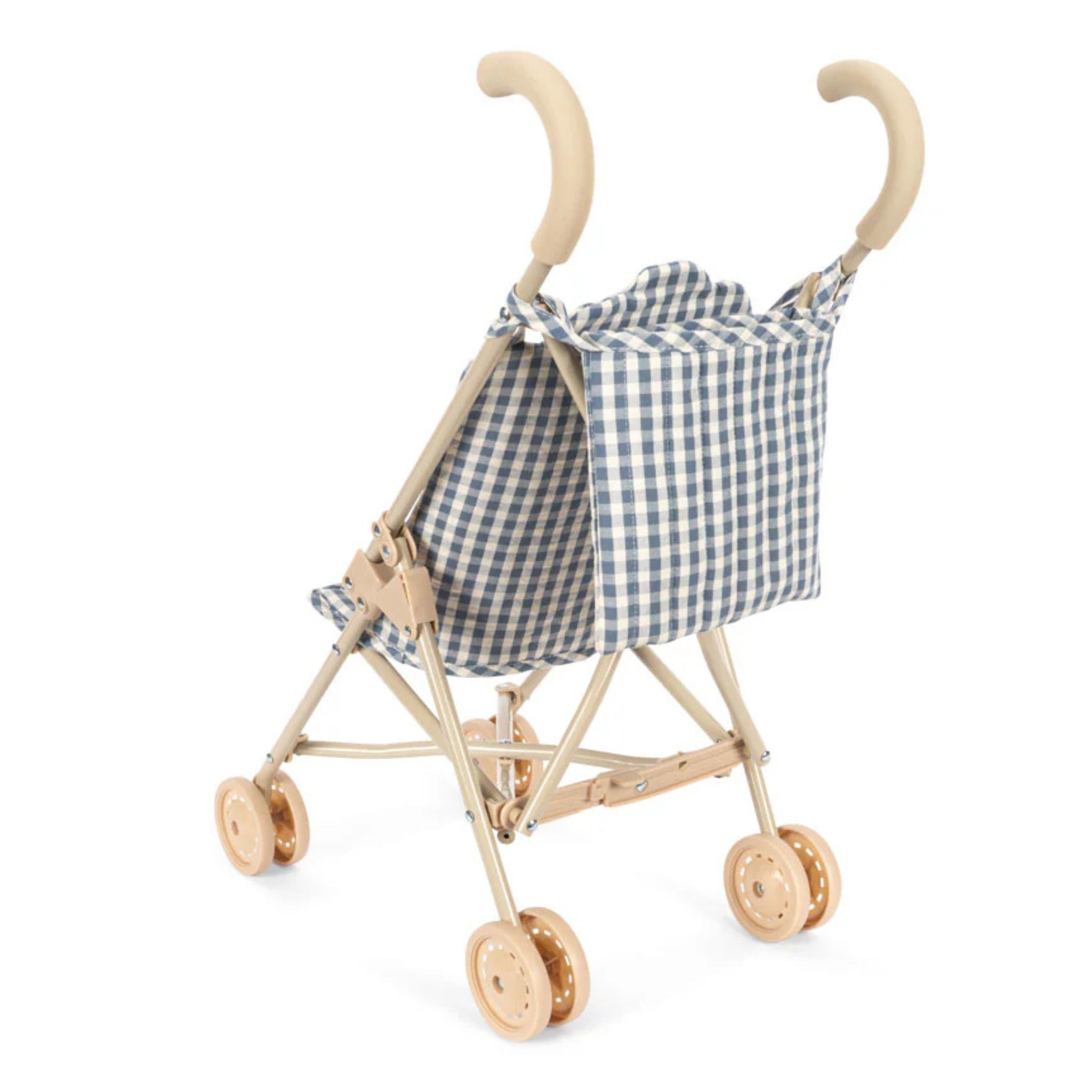 KONGES SLØJD Cheeky Blue Check Doll Stroller - Premium Wooden Toy Pram for Toddlers & Kids | Perfect for Pretend Play, Indoor & Outdoor Use, Birthday Gifts