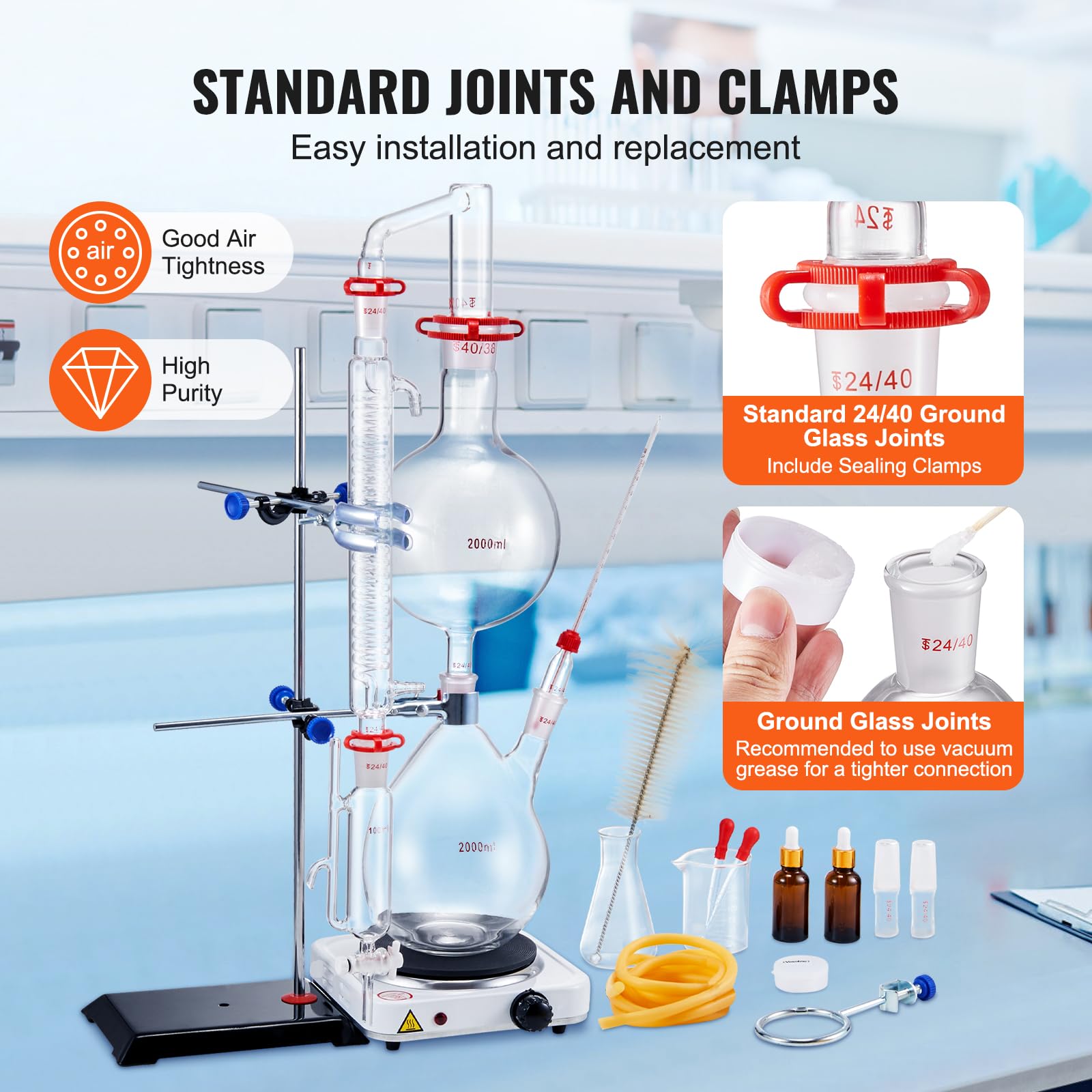 VEVOR 2L Essential Oil Distiller Kit - Lab Glassware Distillation Apparatus with Hot Plate & Condenser (S35, 24/40 Joint) - Perfect for Aromatherapy, Hydrosol Production & Water Purification