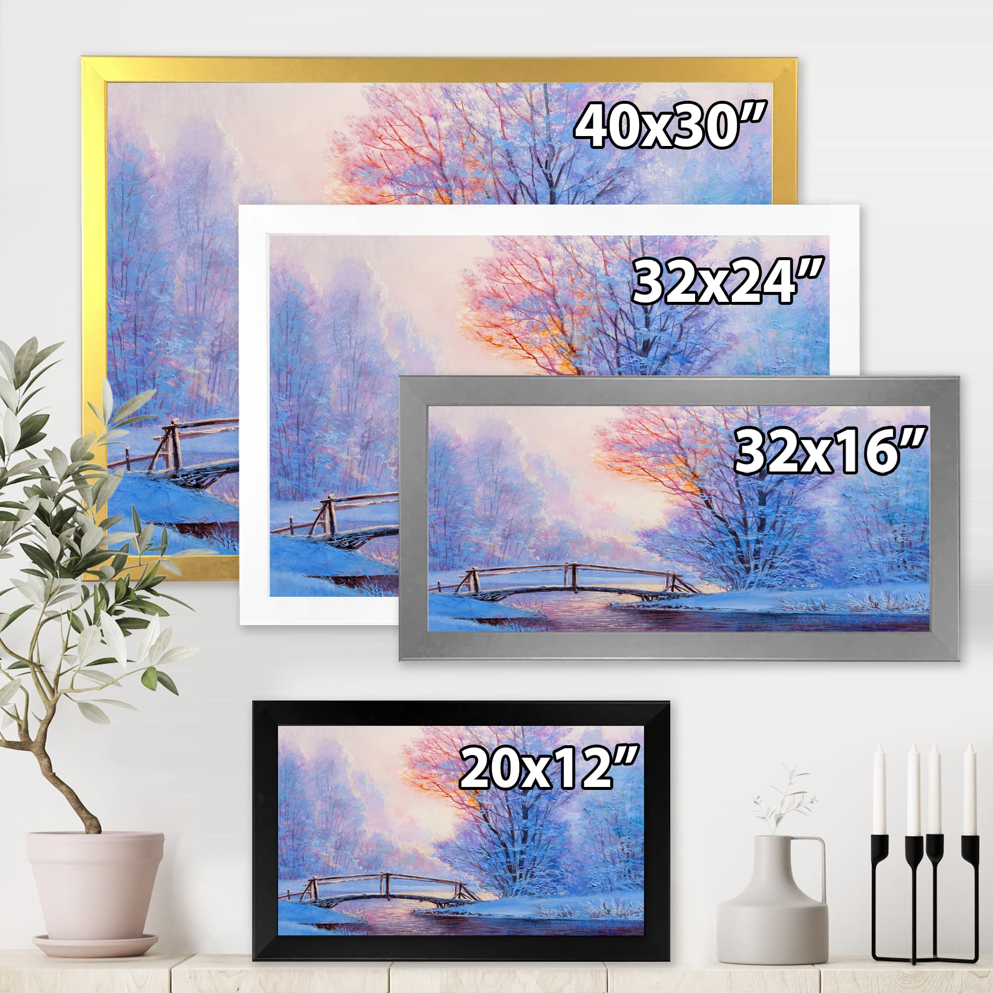 Winter Landscape River Bridge Lake House Framed Wall Art - Perfect for Living Room, Bedroom & Office Decor