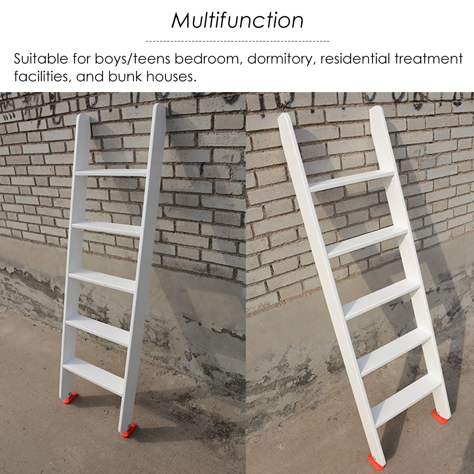 White High-Rise Wooden Bed Ladder with Hooks - 330lb Capacity Twin/Single Bunk Step Ladder for Campers, Small Spaces & Loft Beds - Perfect for Kids Rooms, Dormitories & Tiny Homes
