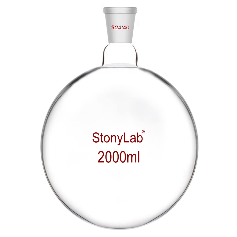 StonyLab 2000ml Borosilicate Glass Short Neck Round Bottom Flask - Heavy Wall Single Neck RBF with 24/40 Standard Taper Joint - Ideal for Chemistry Lab, Distillation & Scientific Experiments