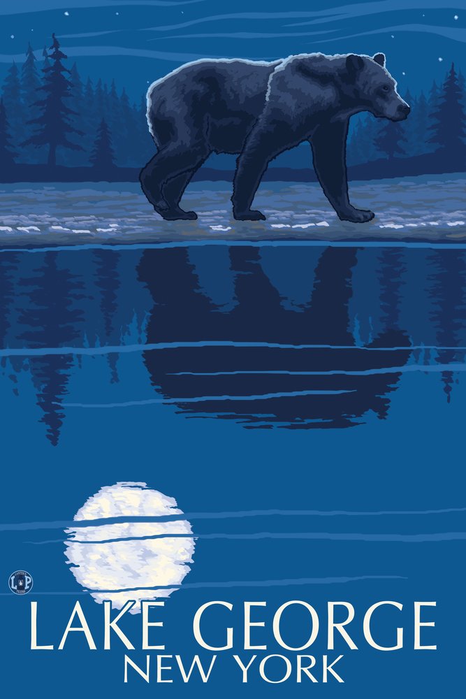 Lake George New York Bear at Night 53891 - Signed 24x36 Art Print Poster, Wildlife Wall Decor for Living Room, Bedroom & Office