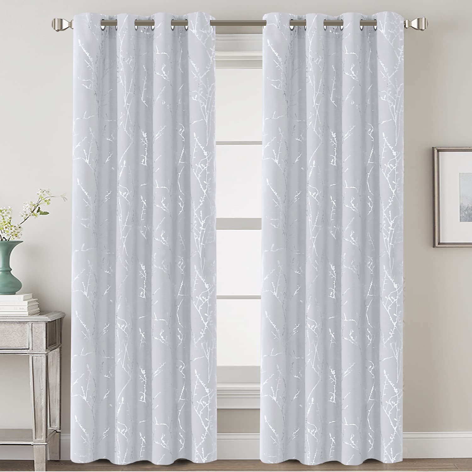 H.VERSAILTEX Blackout Curtains 52x96 Inch - Thermal Insulated Light Blocking Window Curtains with Foil Print Twig Tree Branch Design, Grommet Top for Bedroom & Living Room (2 Panels, Greyish White) - Perfect for Home Theater, Nursery & Shift Workers