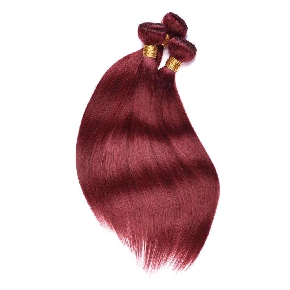 FEEL ME Brazilian Virgin Hair 3 Bundles - Unprocessed Straight Human Hair Extensions (Color 33 Red, 300g Total, 14 16 18 Inches) for Stunning Length & Volume - Perfect for Daily Wear, Parties & Special Occasions