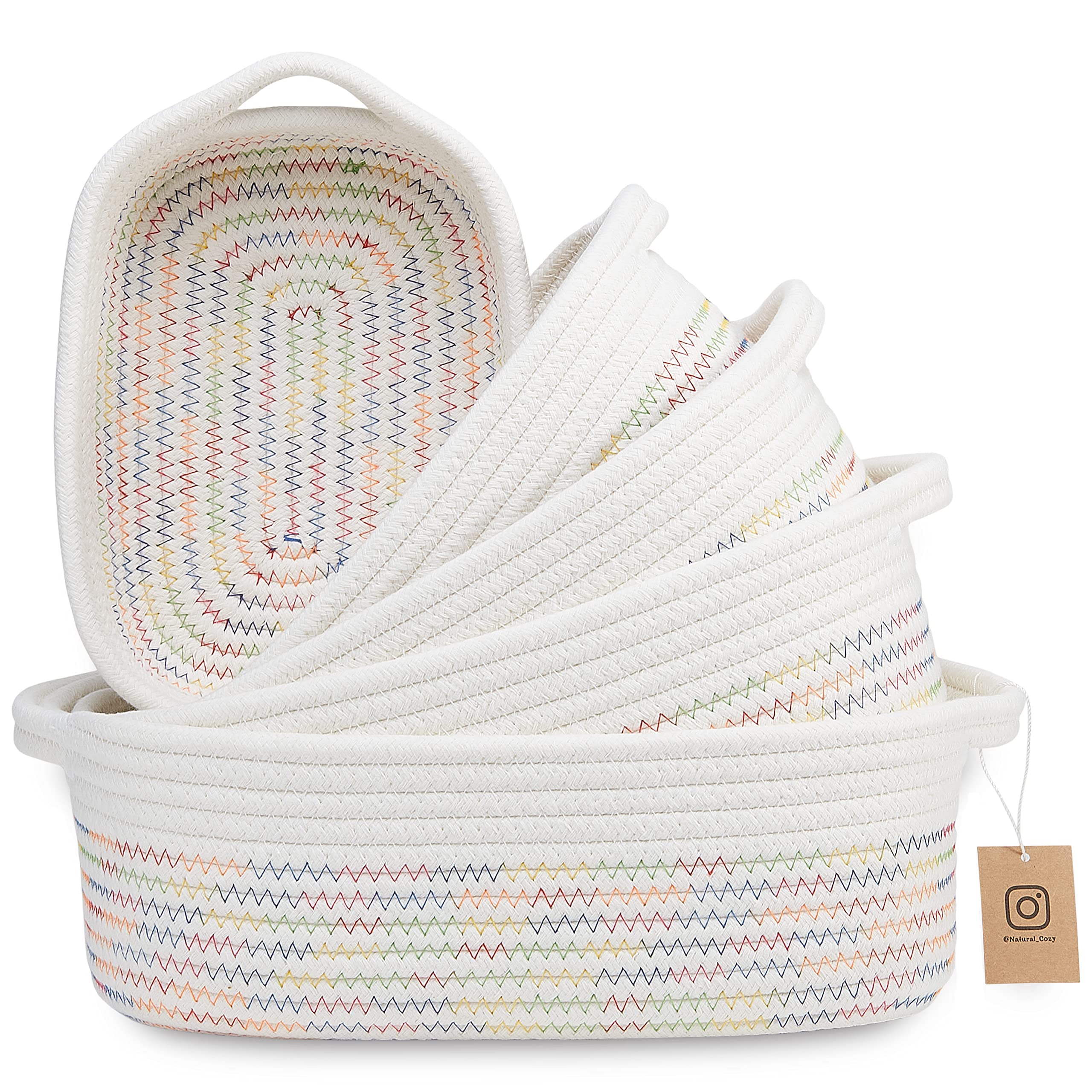 NaturalCozy 5-Piece Rectangle Storage Basket Set - Handwoven Cotton Rope Organizer Bins for Home, Nursery & Pet Toys | Perfect for Montessori, Baby Room, Dog & Cat Toy Storage, Bathroom Organization & Clutter Control