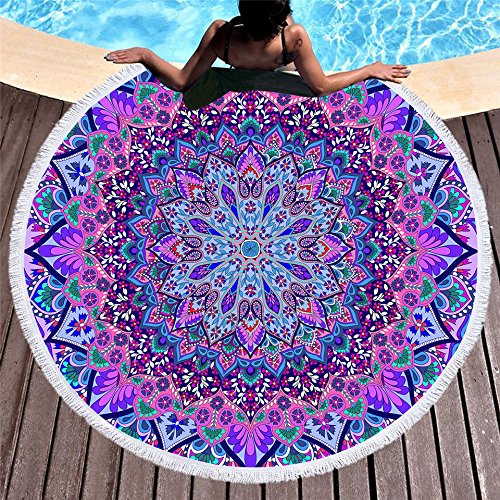 Bohemian Round Beach Towel 60 Inch - Indian Mandala Yoga Mat, Thick Tapestry for Beach, Pool, Picnic & Meditation - Purple-Colored Glaze Design - Large Round Towel for Outdoor Activities