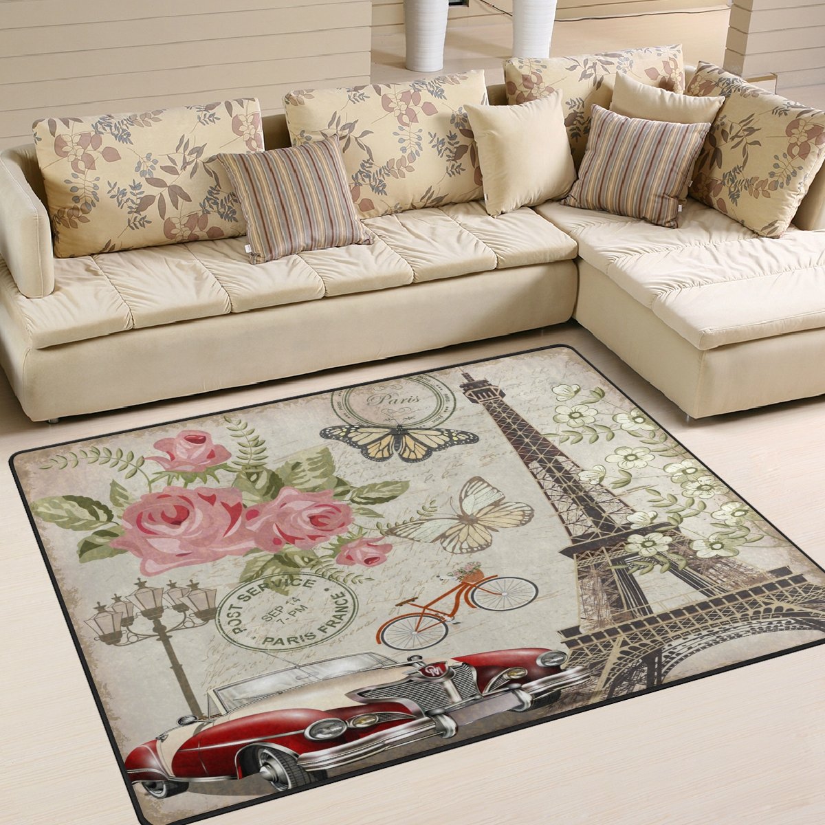 Vintage Floral Butterfly Paris Eiffel Tower Area Rug 7'x5' - Bohemian Decor for Living Room, Bedroom, Dorm | Non-Slip Soft Floor Mat for Home, Office & Nursery Decor