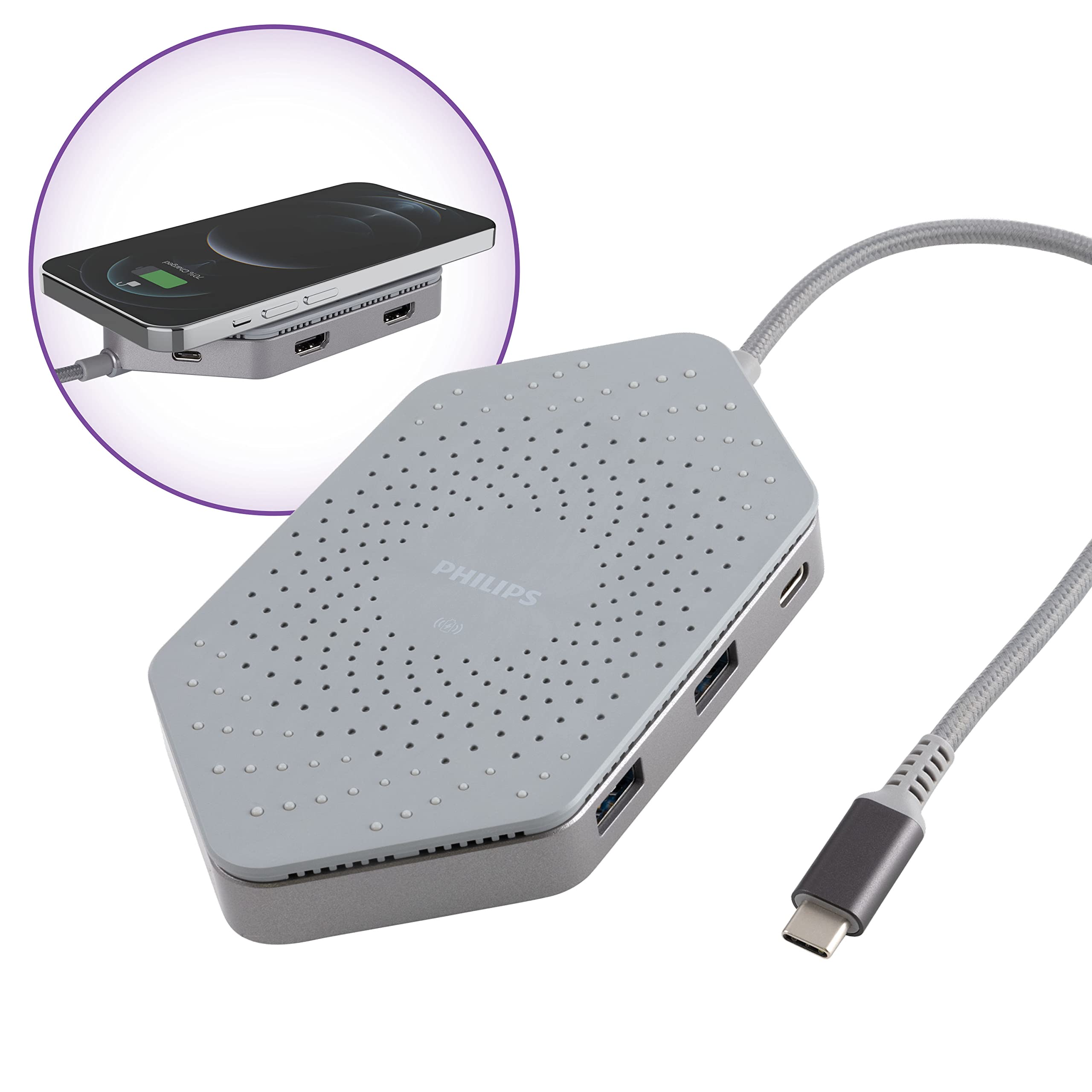 Philips Elite USB-C Travel Docking Station with Qi Wireless Charging - 1 HDMI Port, 2 USB-A Ports, SD Card Reader & Ethernet Port (DLK9121C/27) - Perfect for Business Travel, Remote Work & Home Office Setup