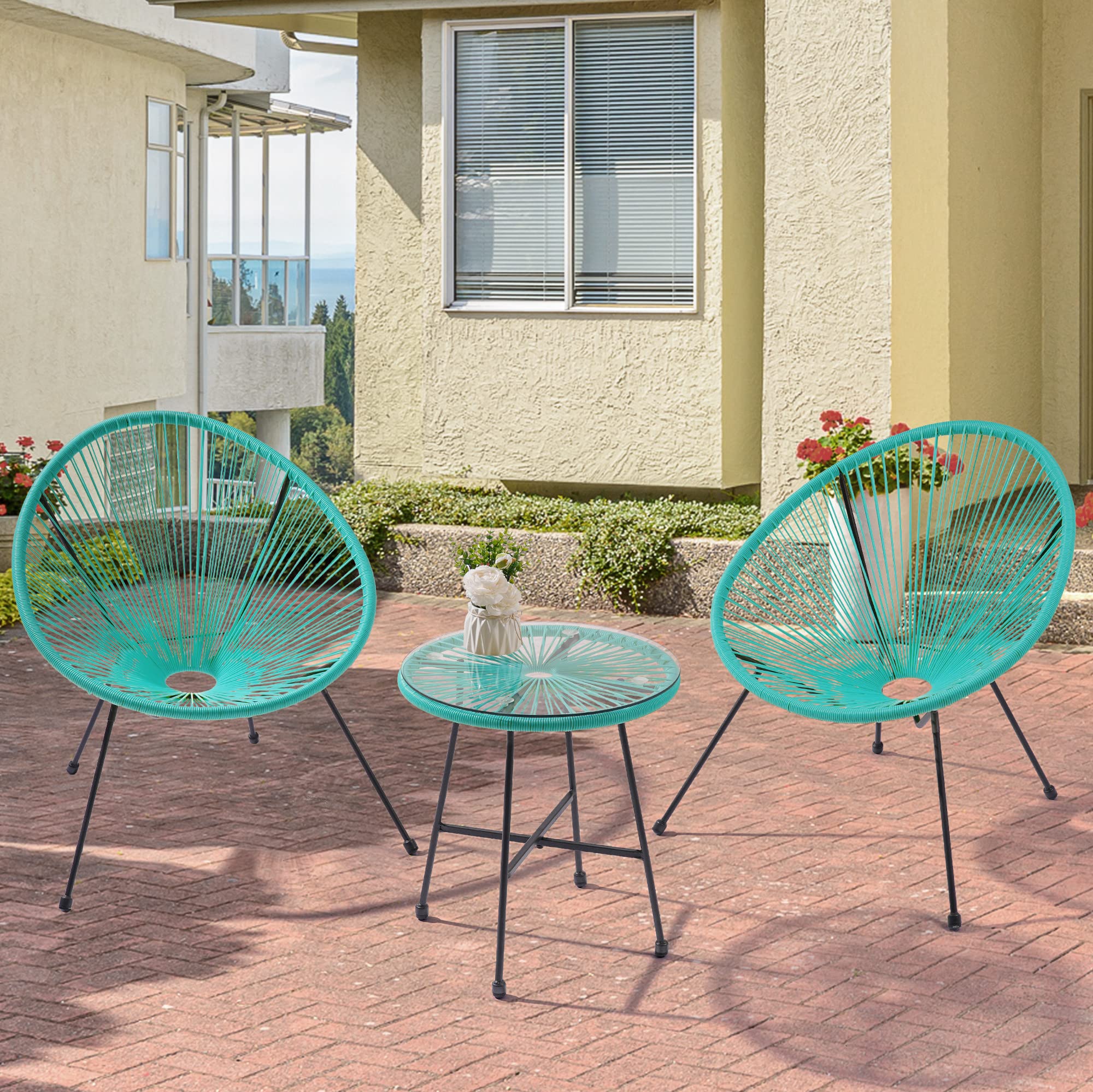 3-Piece Acapulco Patio Furniture Set with Glass Top Table & 2 Chairs - Indoor/Outdoor Seating in Lake Blue - Perfect for Poolside, Garden, and Backyard Relaxation