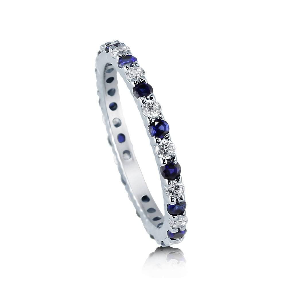 Sterling Silver Women's Wedding Ring with Simulated Blue Sapphire & Cubic Zirconia - Round Cut Pave Setting, Rhodium Plated Size 4-10 - Perfect for Anniversaries, Engagements & Special Occasions