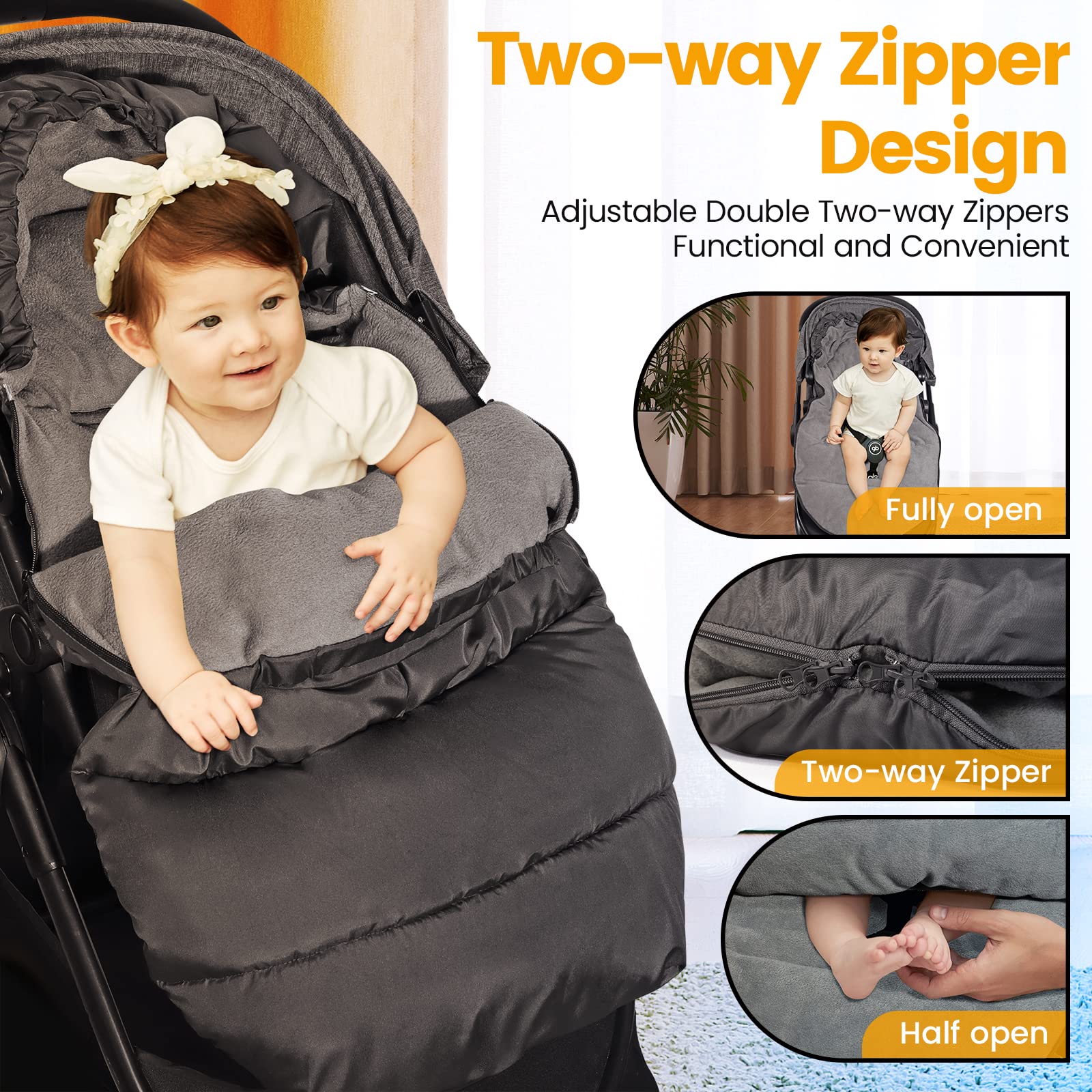 Orzbow Universal Stroller Footmuff - Winter Warm Baby Bunting Bag with Waterproof Windproof Coral Fleece Lining for Toddler Stroller Sleeping Bag (Black) | Perfect for Cold Weather Outings & Stroller Naps