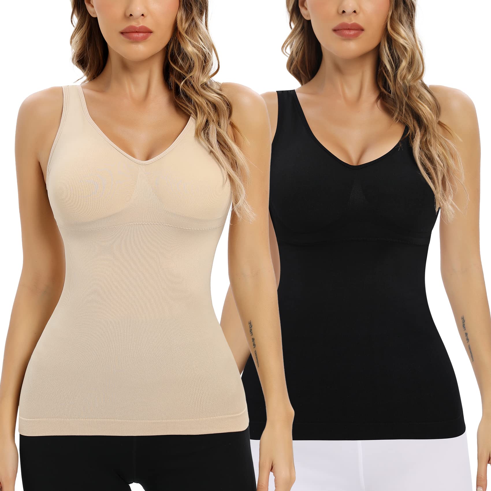 Women's Seamless Camisole with Built-in Bra & Tummy Control - Padded Shapewear Tank Top for Everyday Wear, Workout & Layering - White