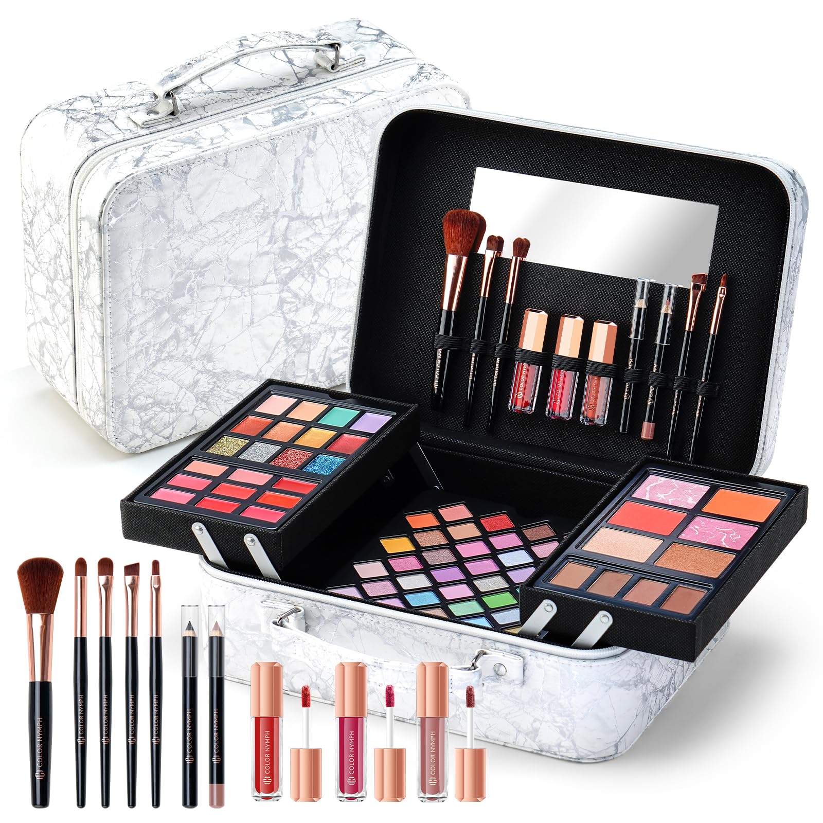 **Professional All-in-One Makeup Kit for Women – Complete Cosmetic Gift Set with Eyeshadow Palette, Lip Gloss, Blush, Pencils & Brushes in White Train Case with Mirror – Perfect for Travel, Bridal, and Everyday Makeup**