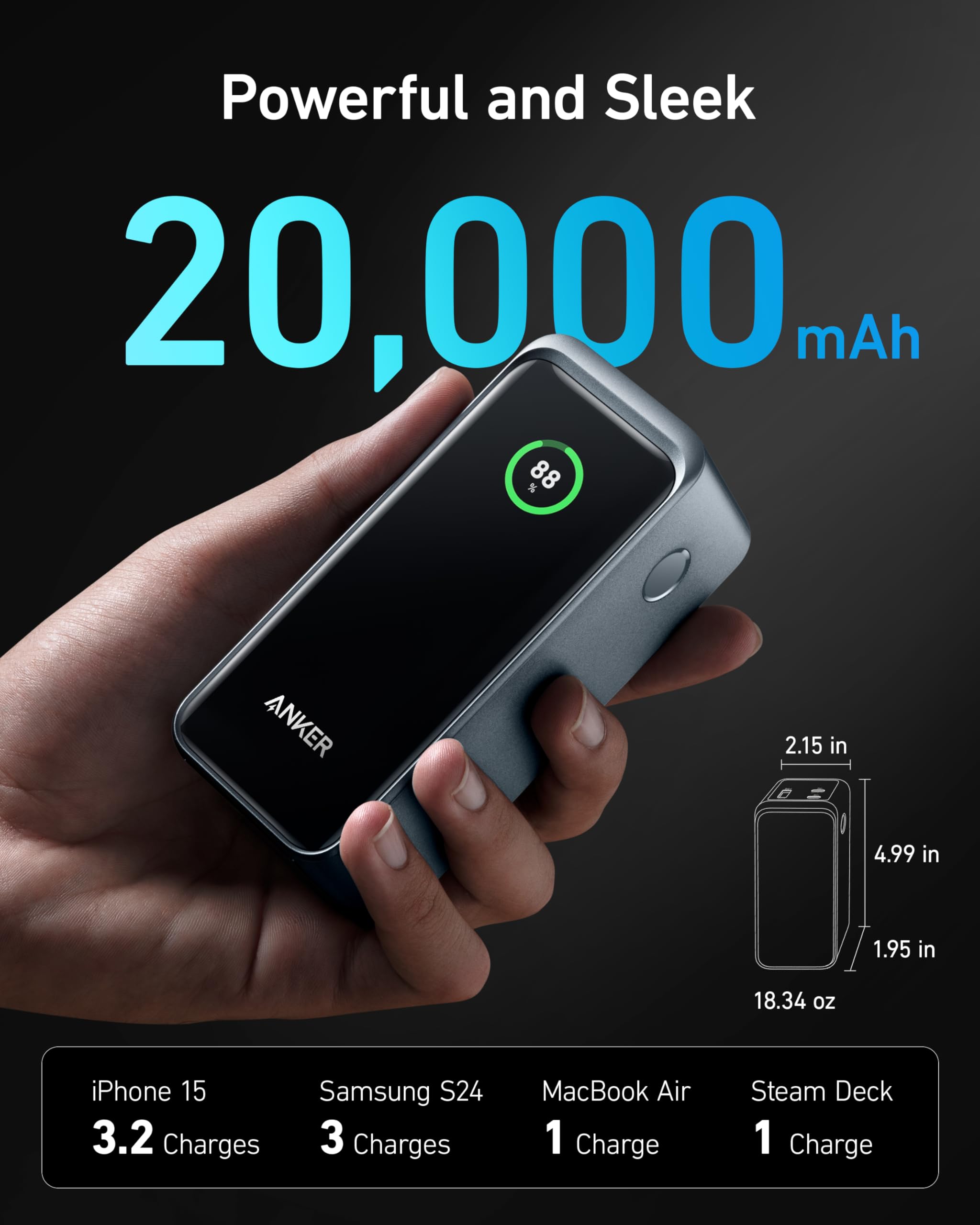 Anker Prime 20,000mAh 200W Power Bank with Smart Digital Display - Dual USB-C & USB-A Portable Charger for iPhone 15/14/13, Samsung Galaxy, MacBook, Dell Laptops - Perfect for Travel, Camping & Emergency Power Backup