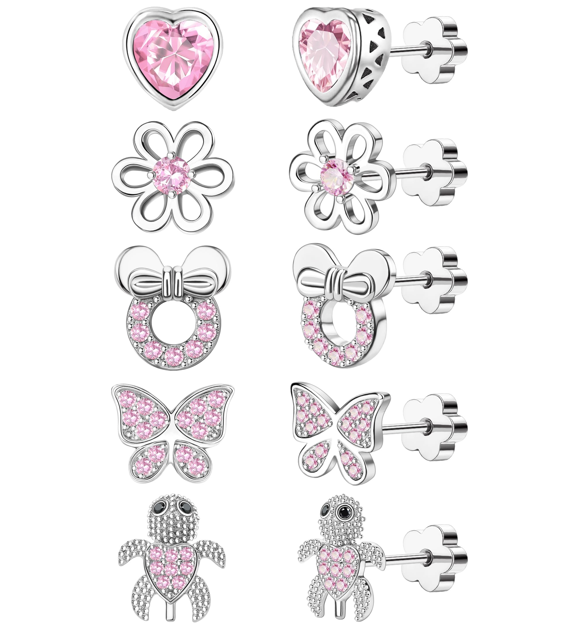 5 Pairs Hypoallergenic Surgical Steel Flat Back Earrings for Women - 20G CZ Heart & Flower Stud Earrings with Screw Backs - Perfect for Sensitive Ears, Sleeping & Everyday Wear