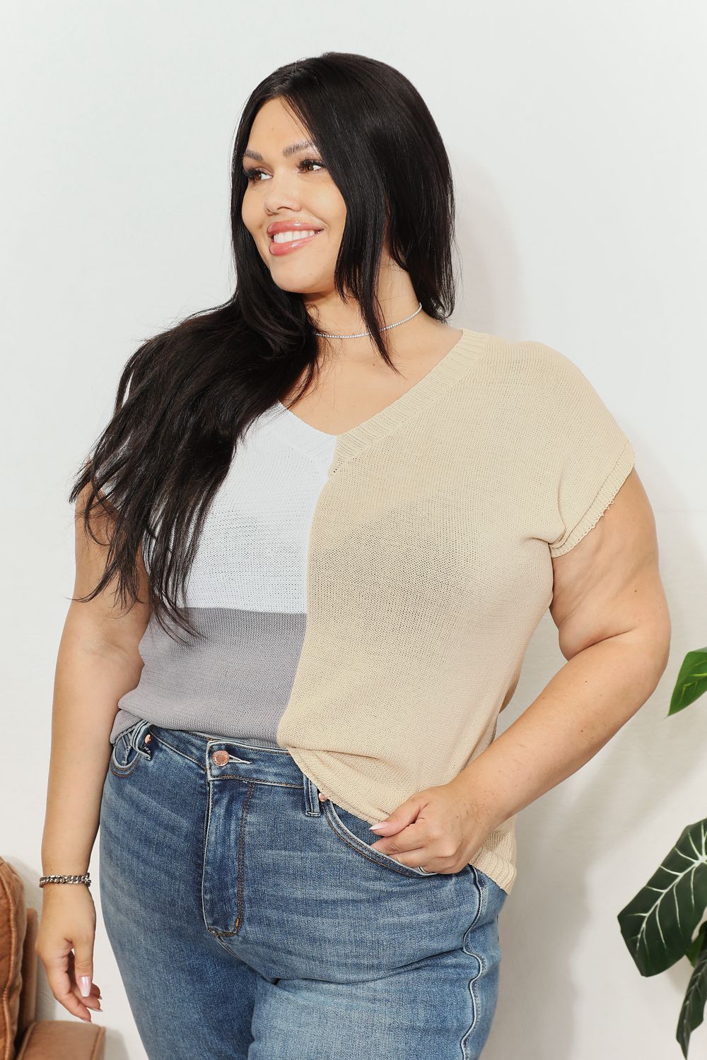 Color Block V-Neck Knit Top for Women - Stylish Casual & Office Wear - Soft Stretch Comfortable T-Shirt for Everyday Outfits