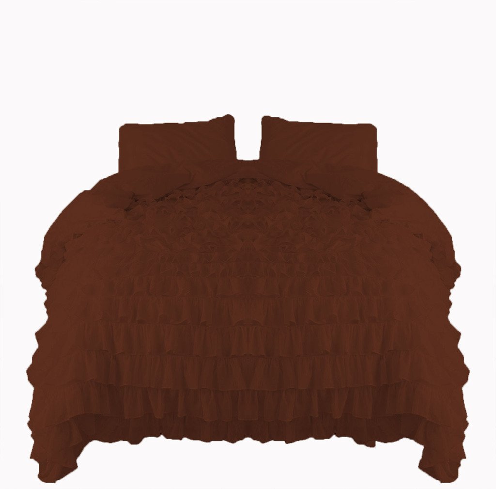 1 Piece Waterfall Ruffle Duvet Cover - 300 Thread Count Egyptian Cotton King Size in Chocolate Brown - Elegant Bedroom Decor for Master Suite or Guest Room