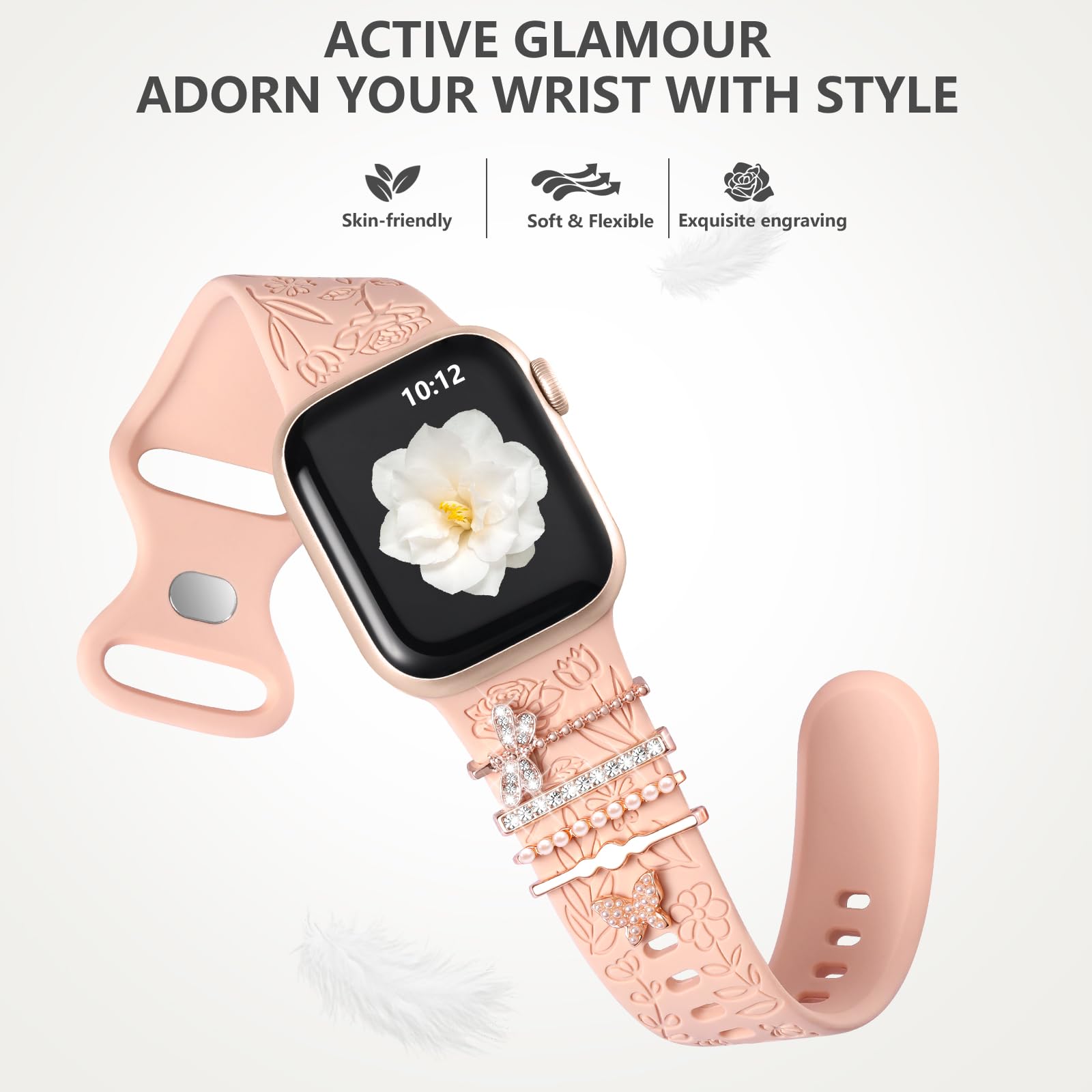 DaQin Floral Engraved Silicone Band Compatible with Apple Watch 38mm 40mm 41mm 42mm 44mm 45mm - Women's Fashion Strap with Charms for iWatch Series SE/1/2/3/4/5/6/7/8/9 - Perfect for Workouts, Office & Casual Wear