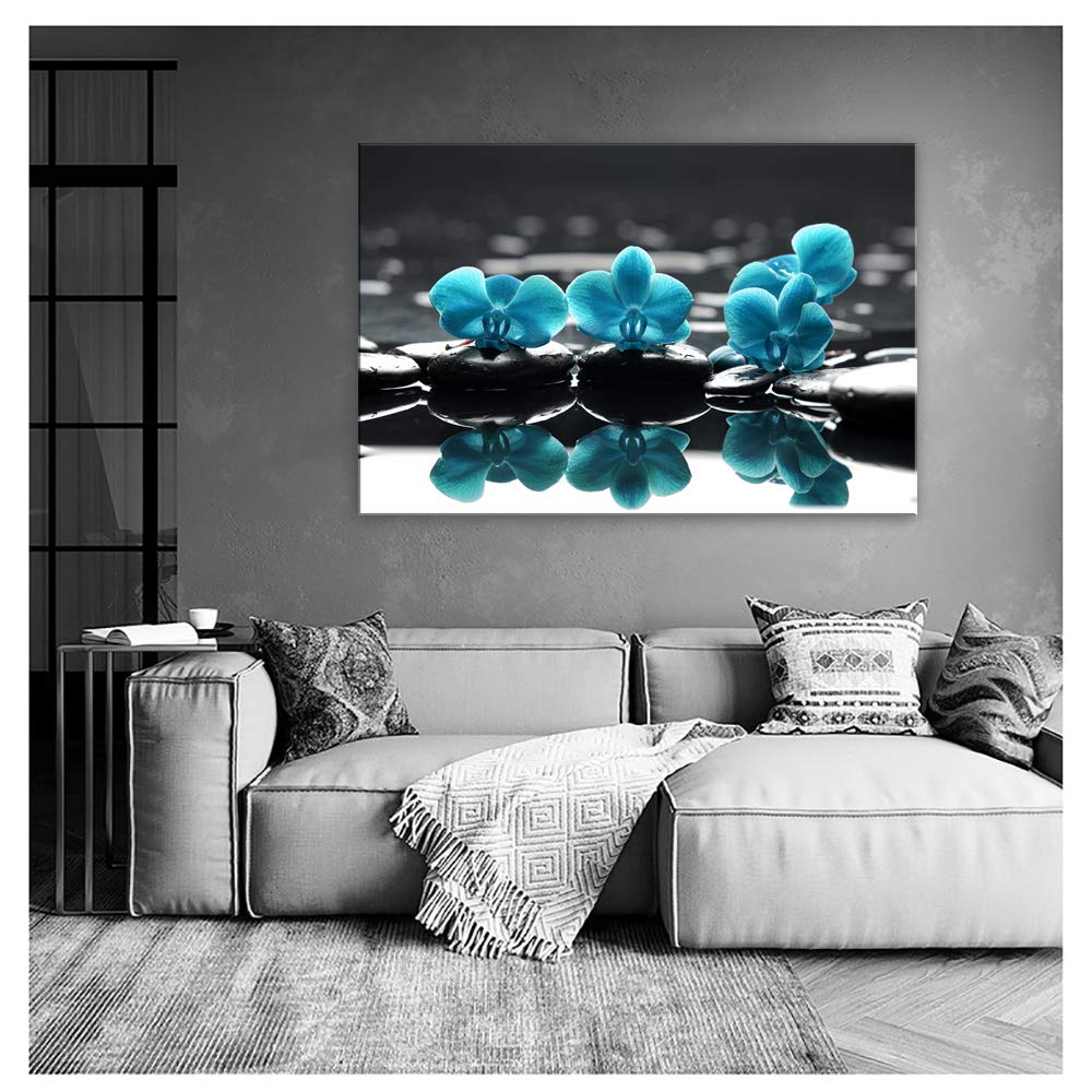 AMEMNY Blue Orchid Flowers Canvas Wall Art - Turquoise Modern Wall Decor for Living Room & Bathroom - Handmade Floral Painting for Home & Office Decor