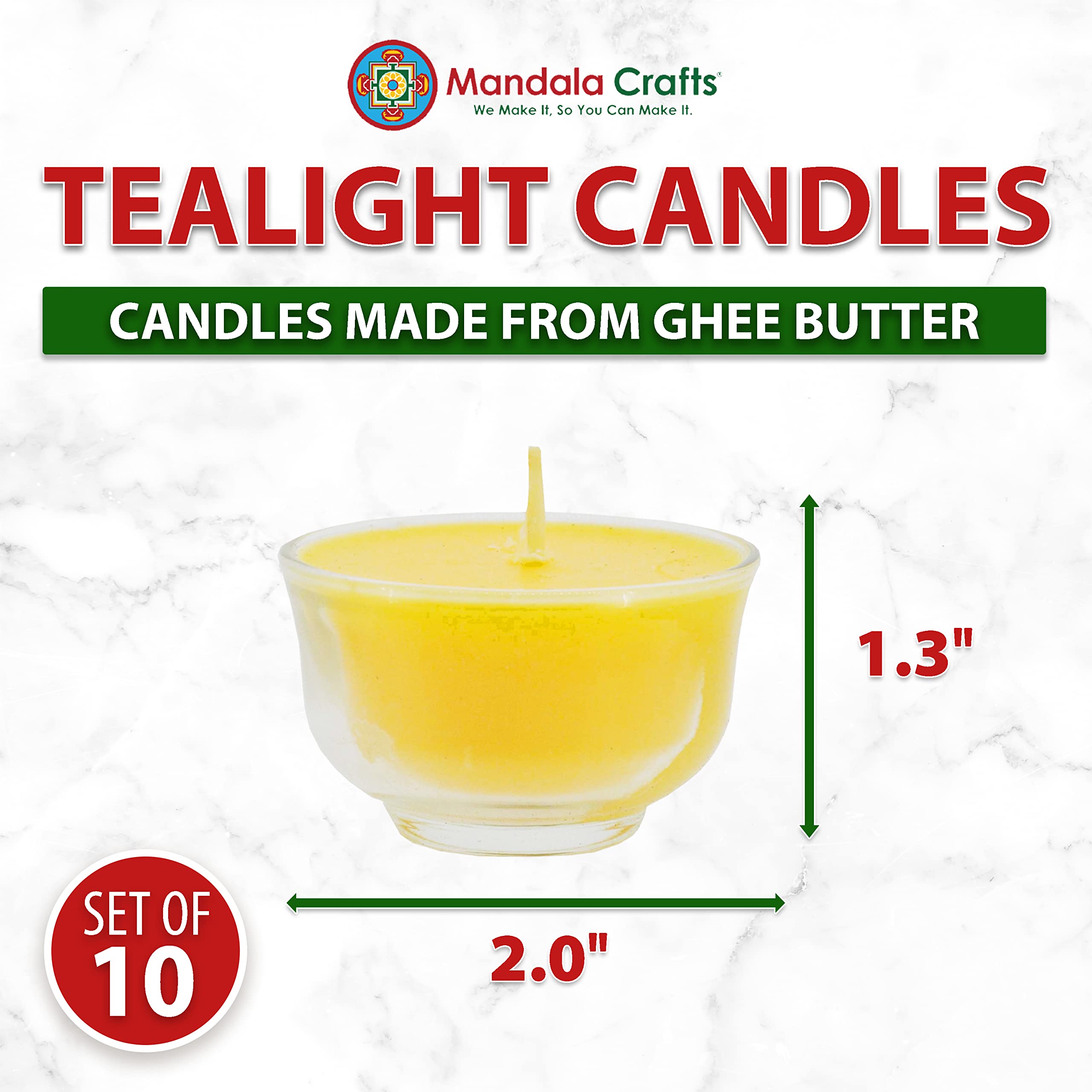 Tibetan Buddhist Tealight Candle Set - 10 Small Clear Cups with Vanaspati Ghee for Meditation, Altar & Home Decor | Mandala Crafts Spiritual Lighting