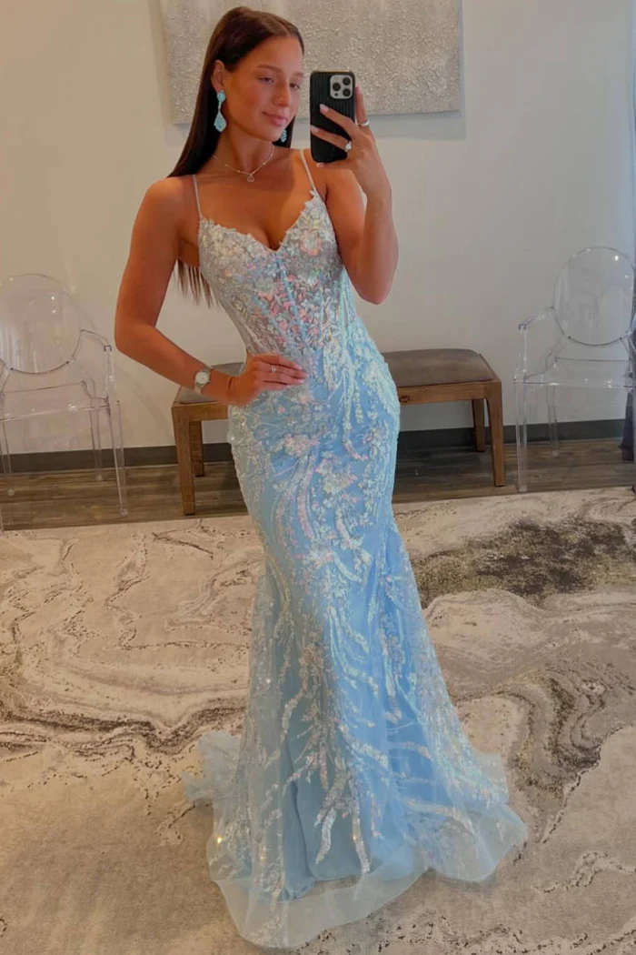 Light Blue V-Neck Sequin Appliques Mermaid Prom Dress J4054 - Elegant Evening Gown for Homecoming, Pageants & Special Occasions