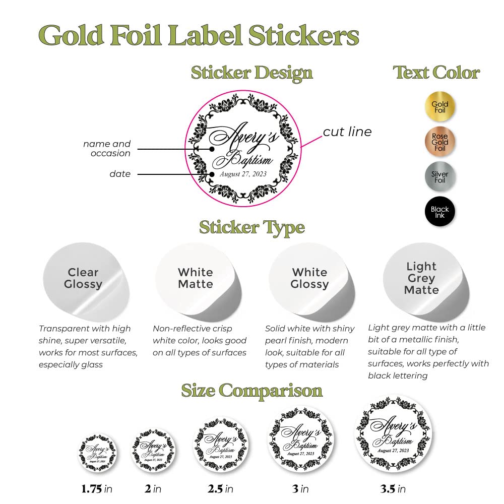 Custom Gold Foil Baptism Stickers - Personalized Christening Labels for Favors, Gifts, Candles & Bottles (2