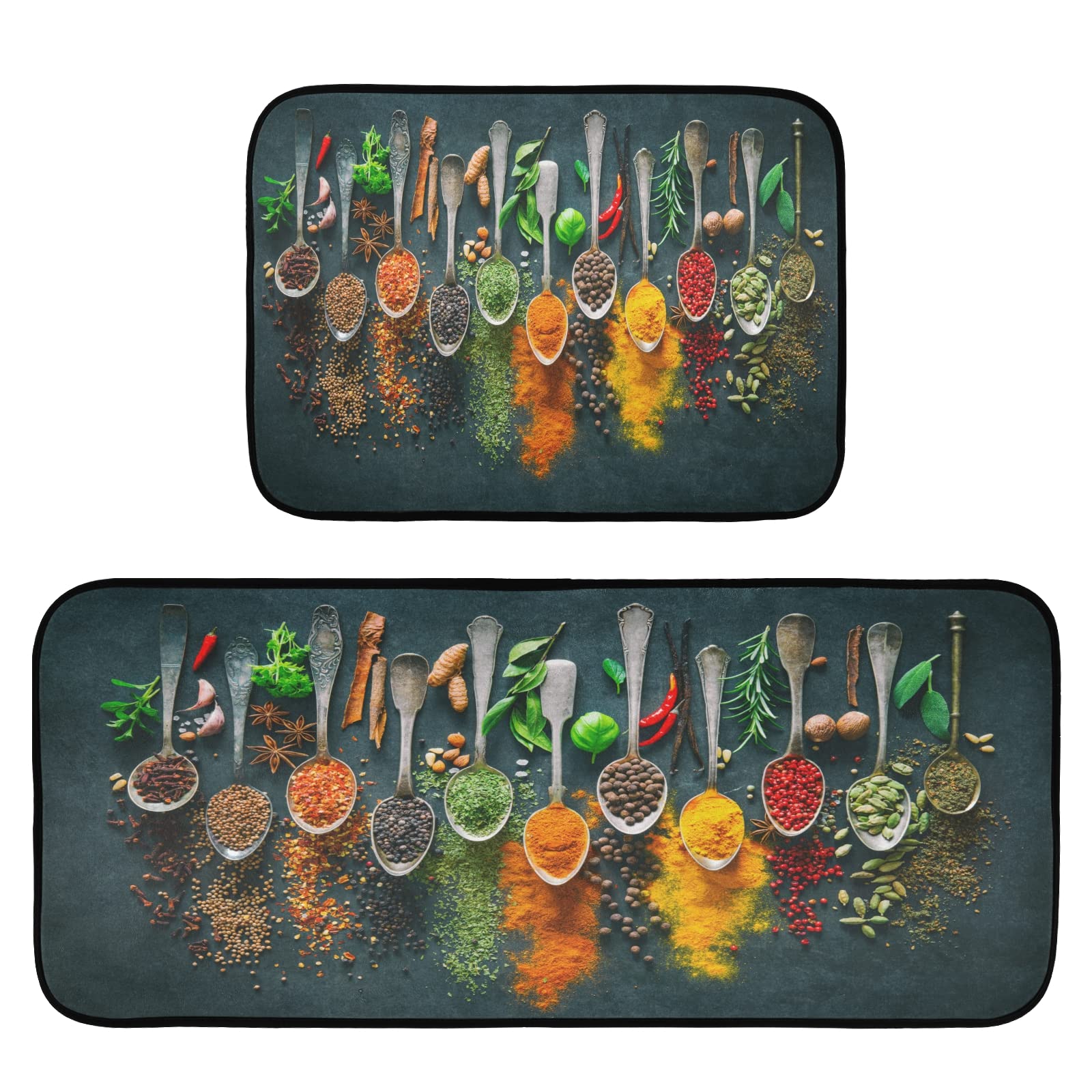 Premium Anti-Fatigue Kitchen Mat Set of 2 - Non-Slip Cushioned Foam Standing Mats for Cooking, Office & Laundry - Herbs & Spices Color Home Decor Rug Set - Perfect for Comfortable Standing in Kitchen, Workspace or Bathroom Areas